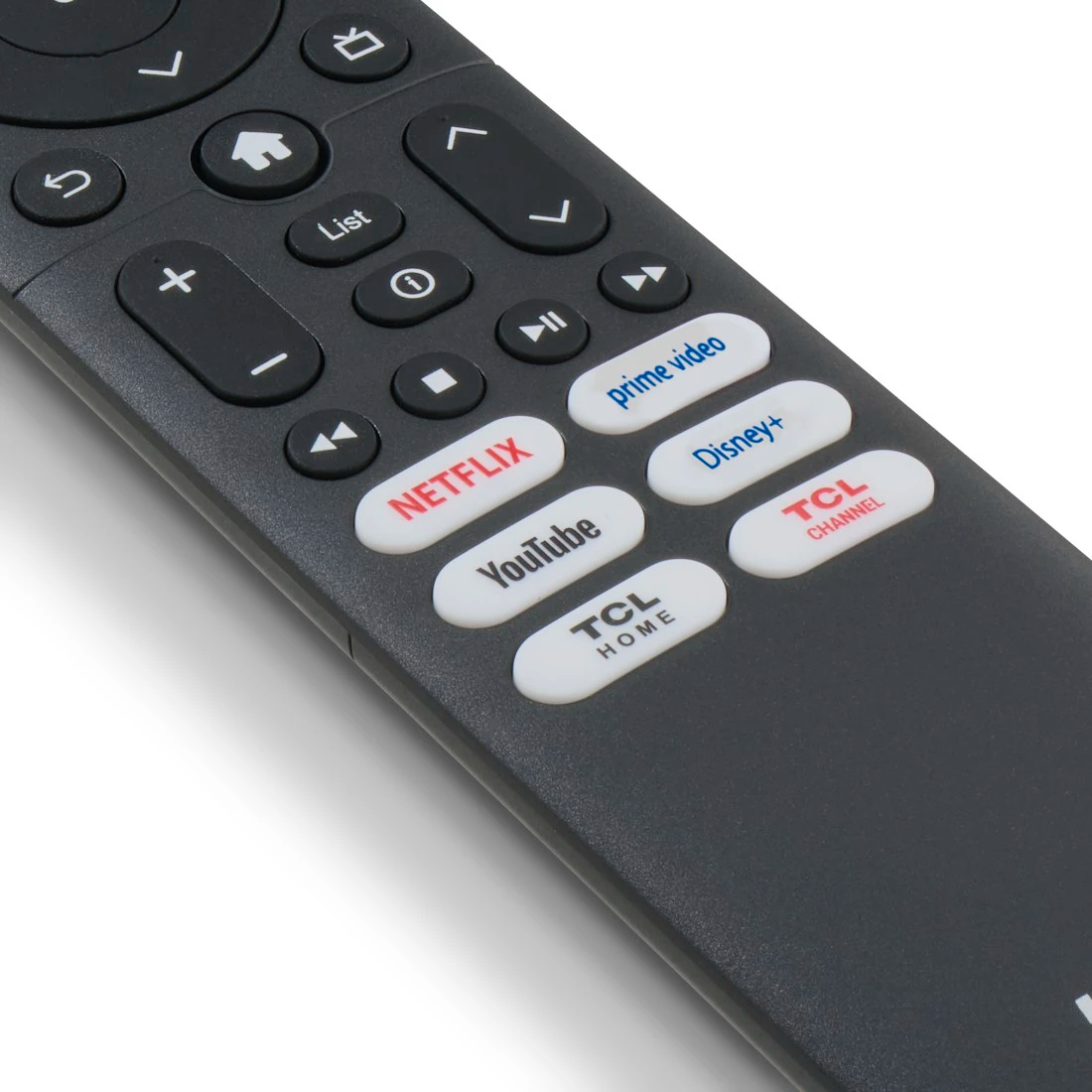 Egy fekete távirányító Netflix, YouTube, Prime Video gombokkal.