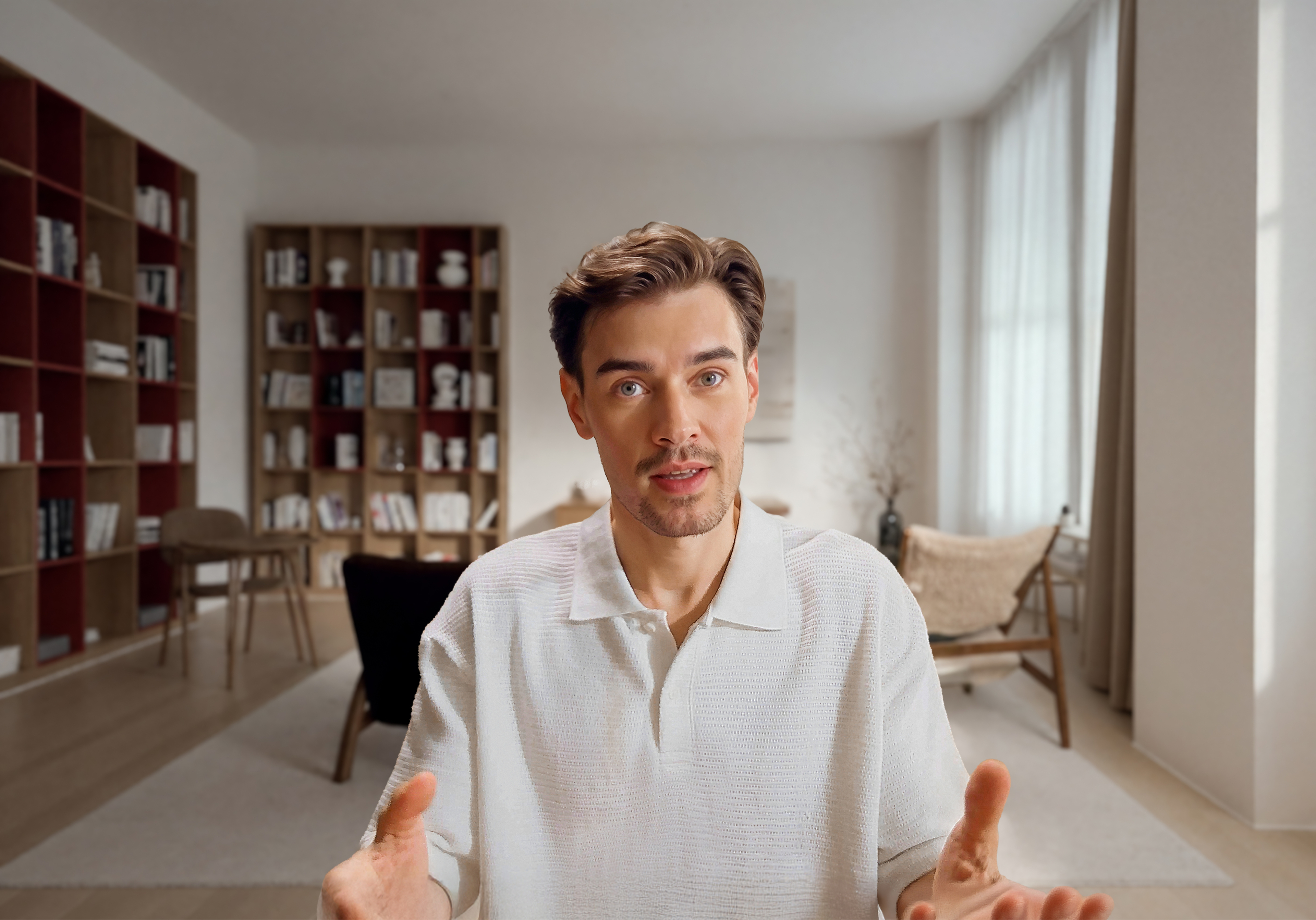 Ein Mann in einem weißen Poloshirt spricht mit offenen Händen in einem Raum mit Bücherregalen.