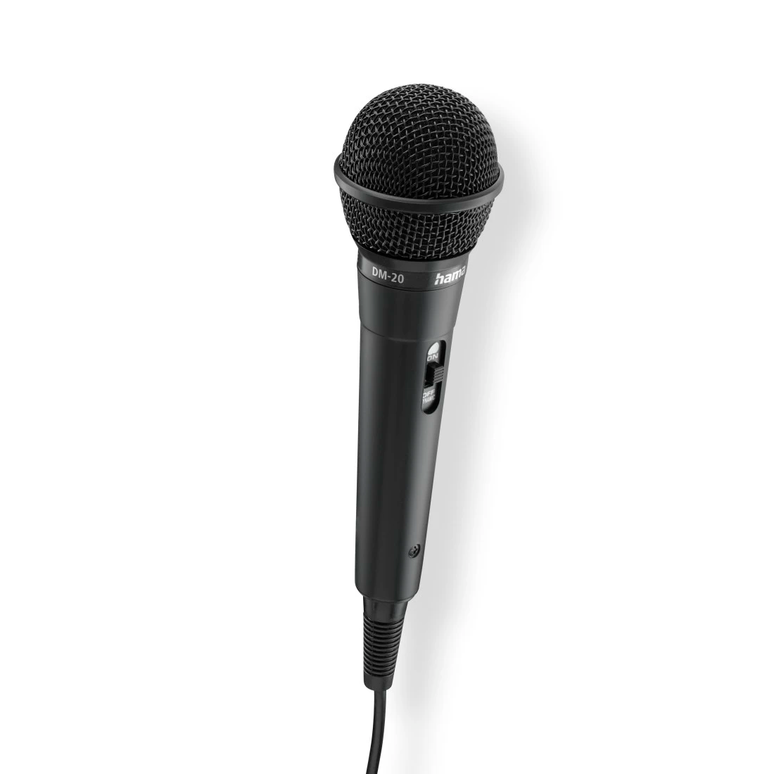 Fekete mikrofon kábellel, DM-20 típusjelzéssel, fehér háttéren.