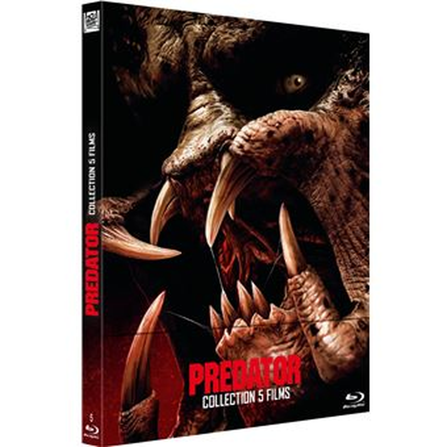 Boîtier Blu-ray Predator 5 Films avec gros plan du monstre, dents pointues.