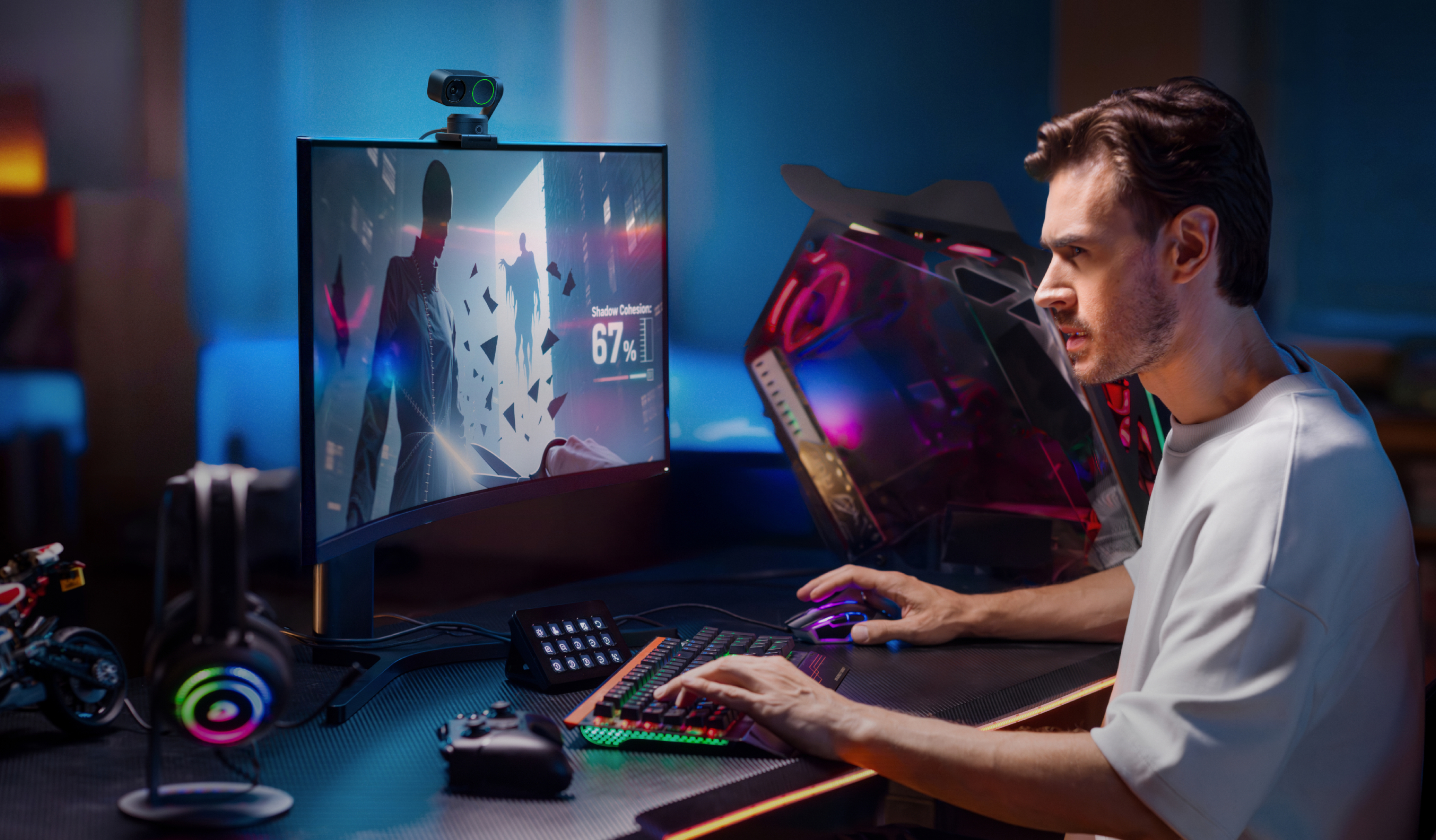 Ein Mann spielt Videospiele an einem beleuchteten Schreibtisch mit RGB-Gaming-Ausrüstung.