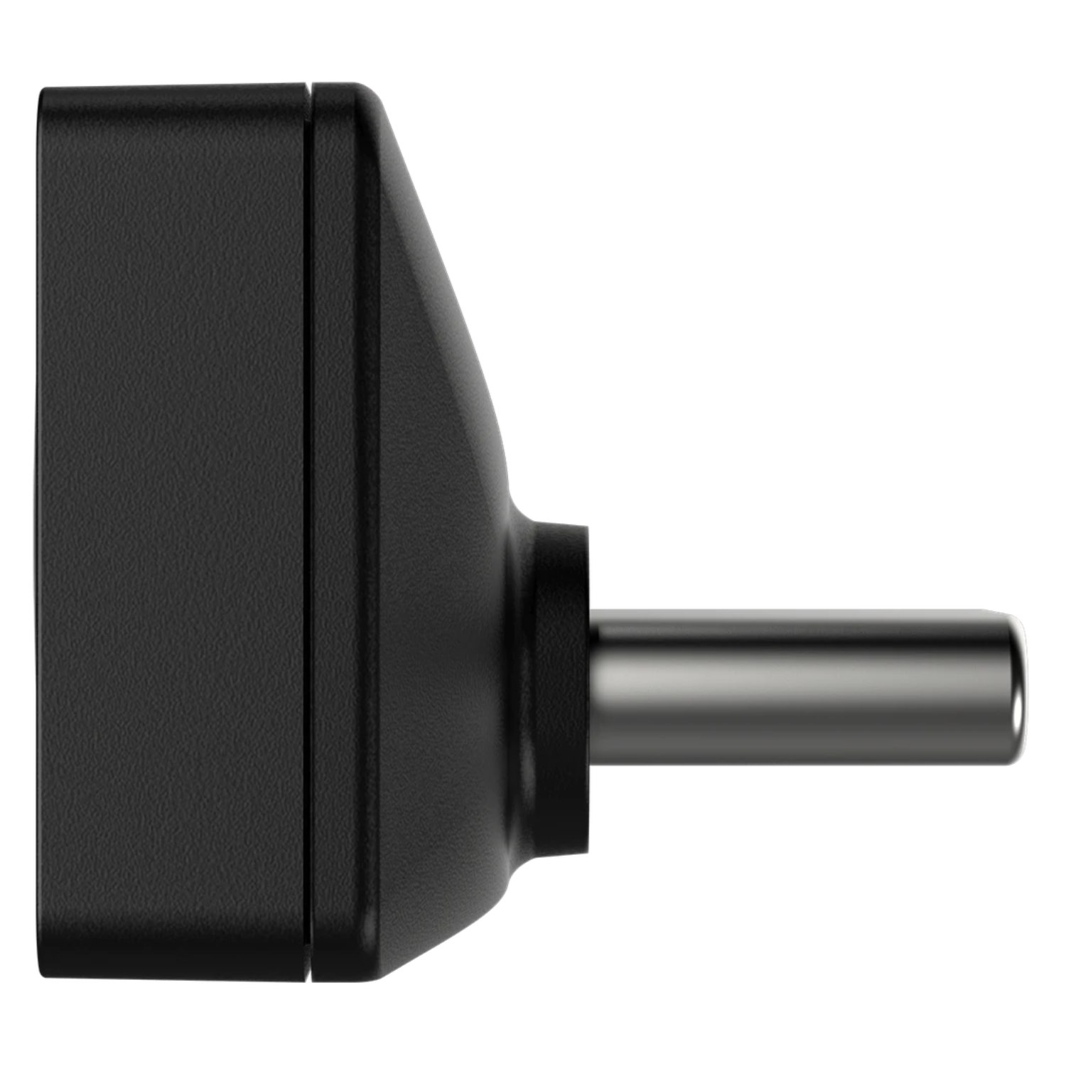 Objeto rectangular negro con un pin metálico que se extiende hacia la derecha.