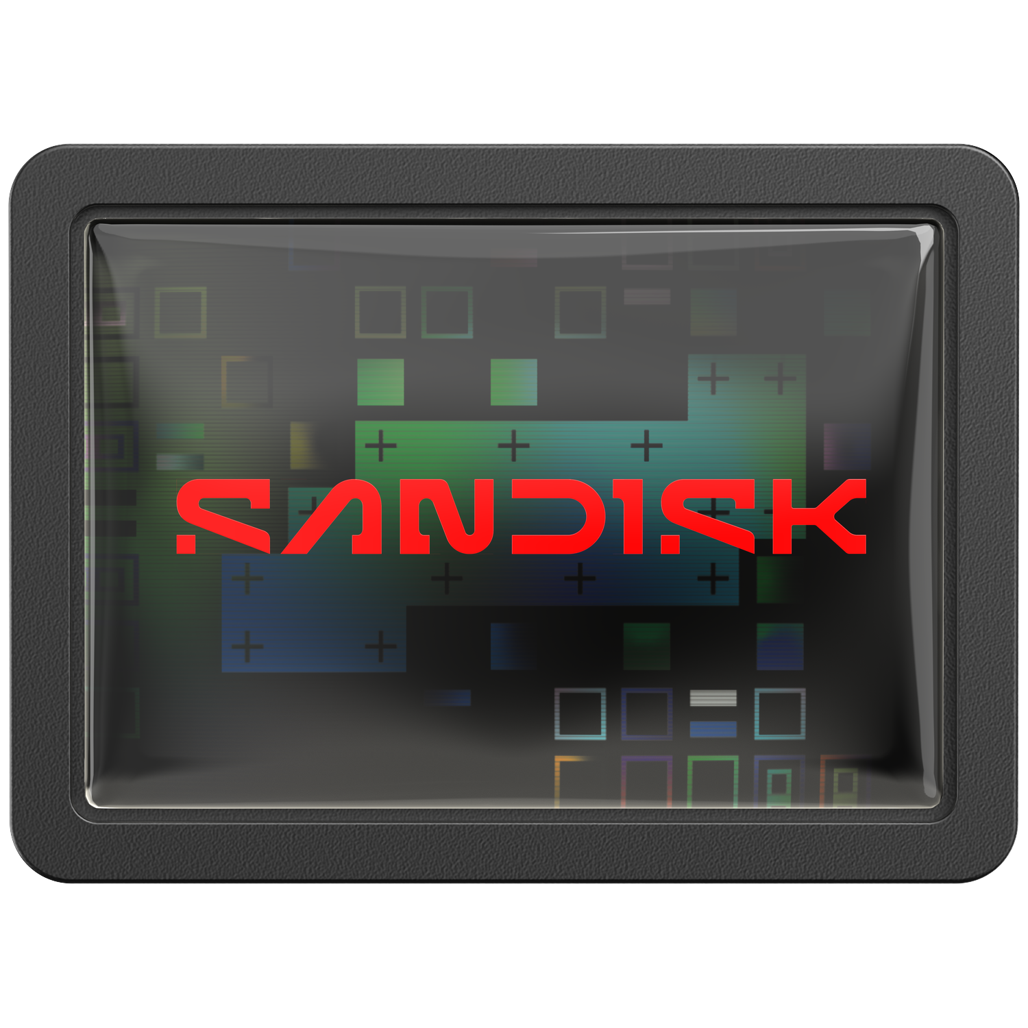 Un marco negro rodea una pantalla con letras rojas de SAN DISK.