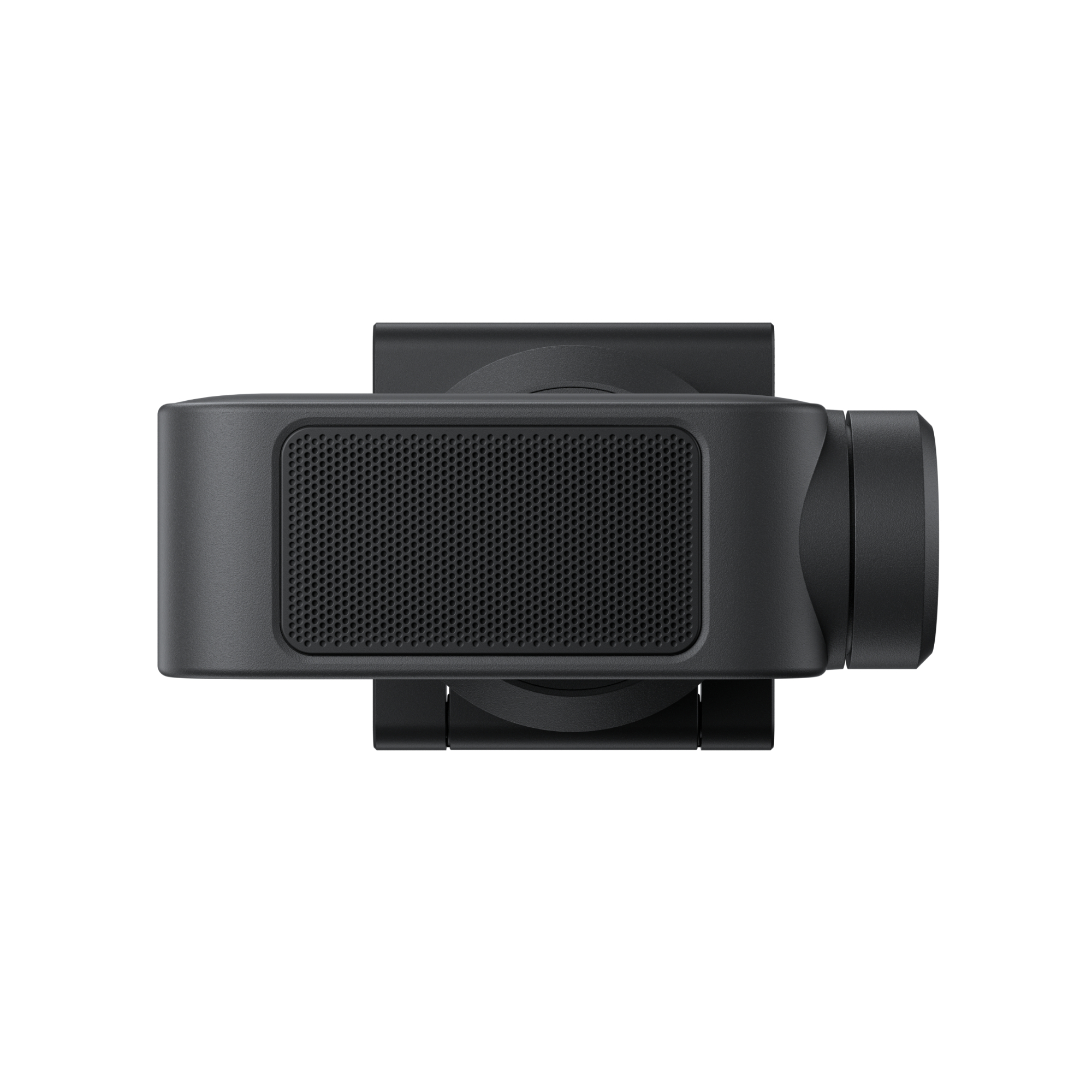 Schwarzer Gimbal mit Objektiv und Gitterabdeckung auf weißem Hintergrund.