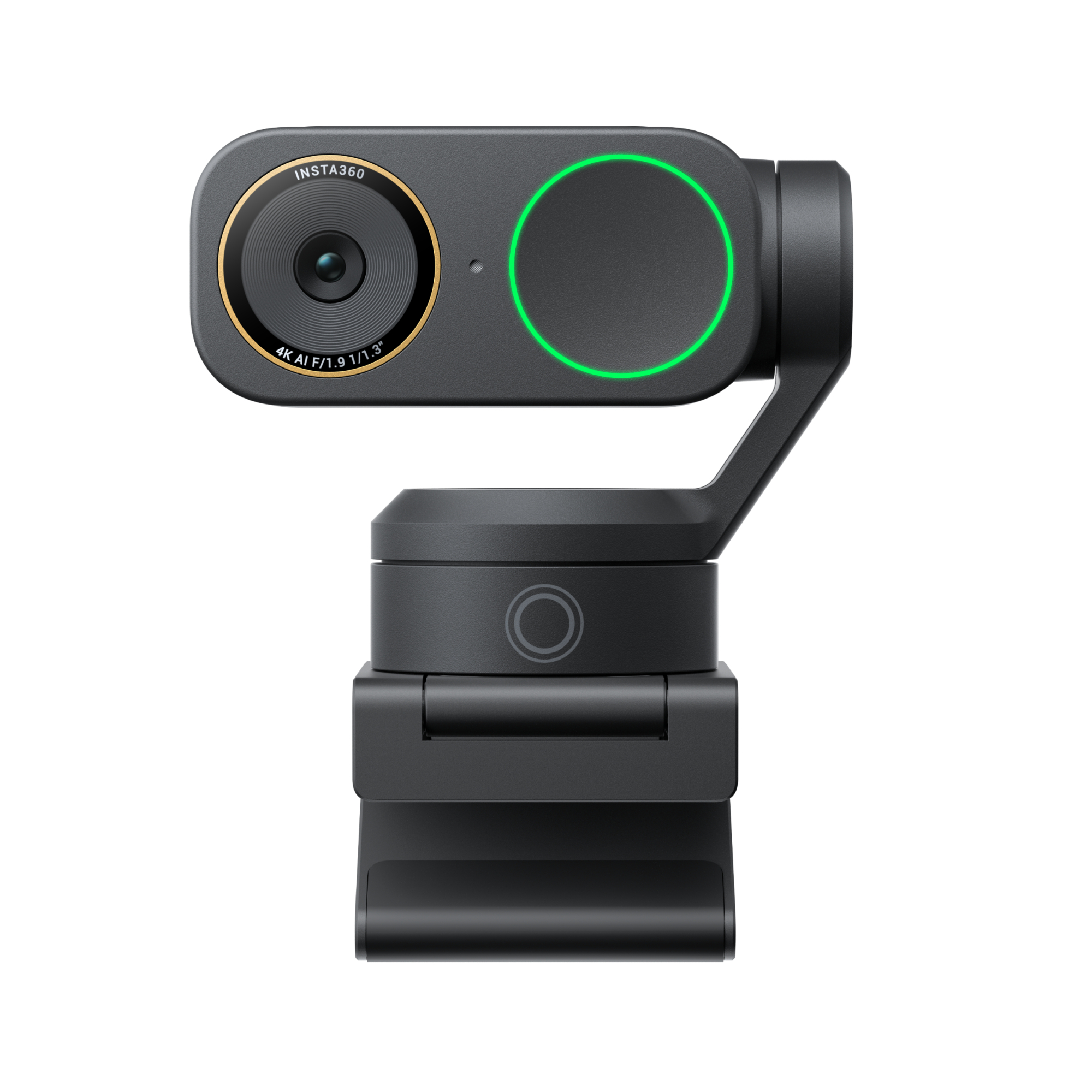 Dunkelgraues Gimbal mit Kamera. Grüne Leuchte oben rechts. Weißer Hintergrund.