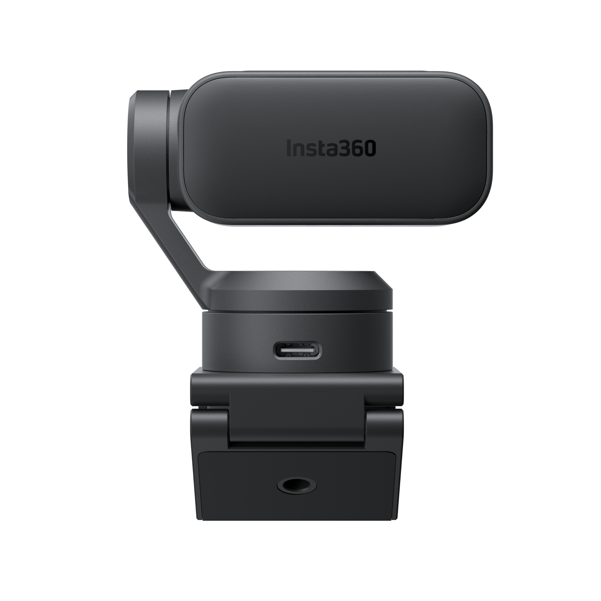 Schwarzer Insta360 Gimbal mit USB-C-Anschluss und Objektivhalterung.