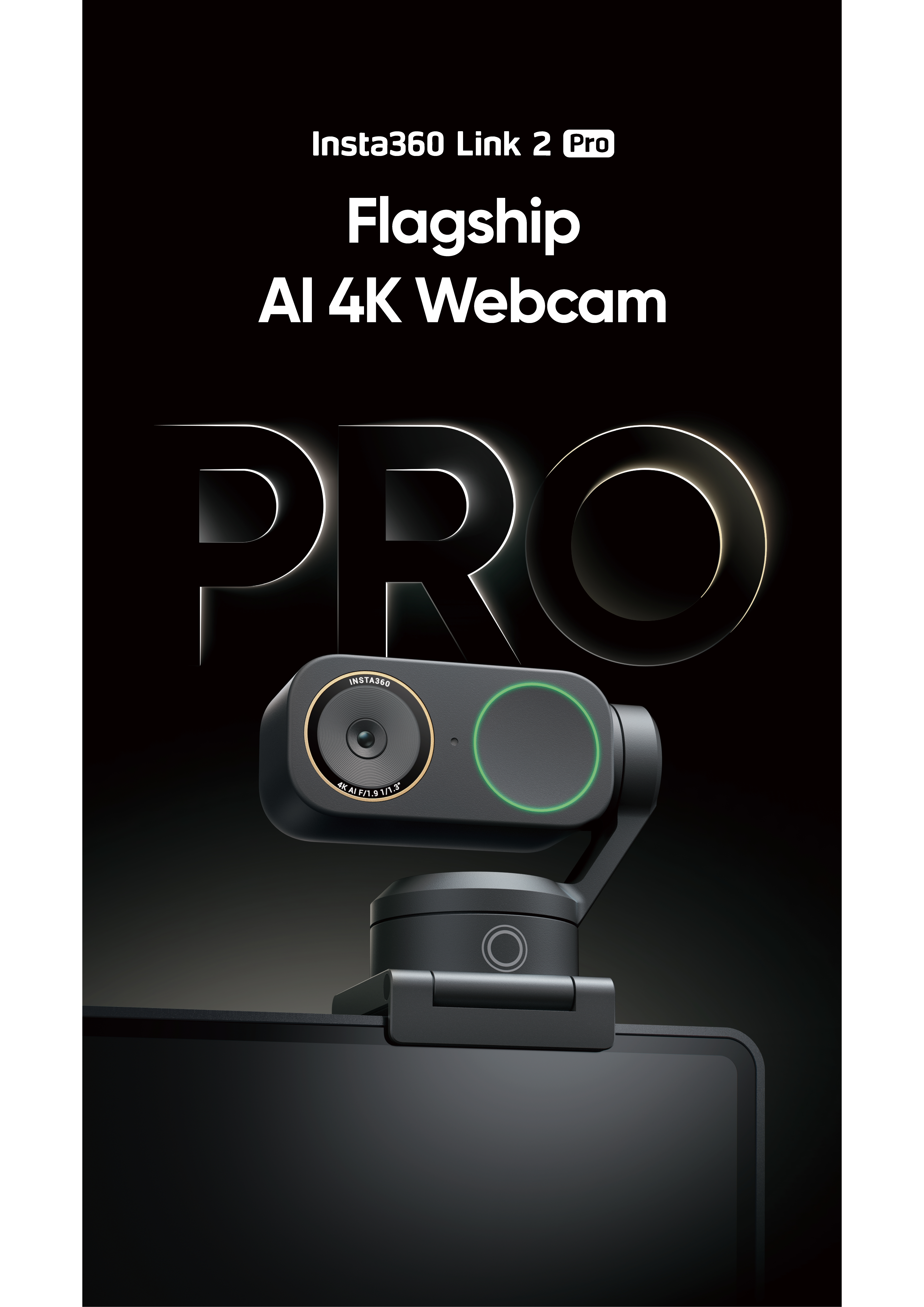 Insta360 Link 2 Pro Flagship 4K Webcam mit KI. Dunkler Hintergrund.