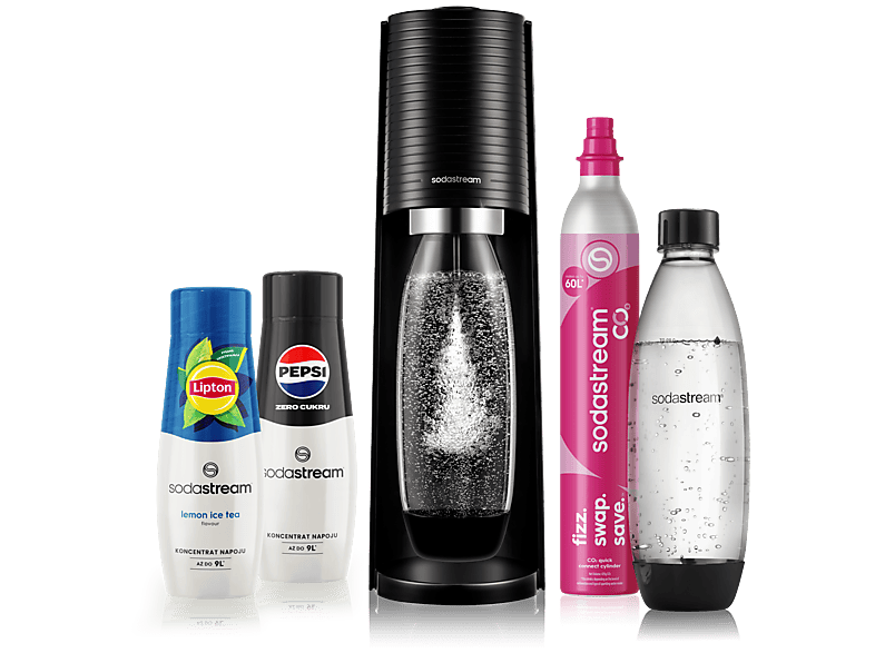 Saturator SODASTREAM Terra Black + nabój CO2 2 butelki Fuse 1L syropy (Pepsi, Lipton) Czarny