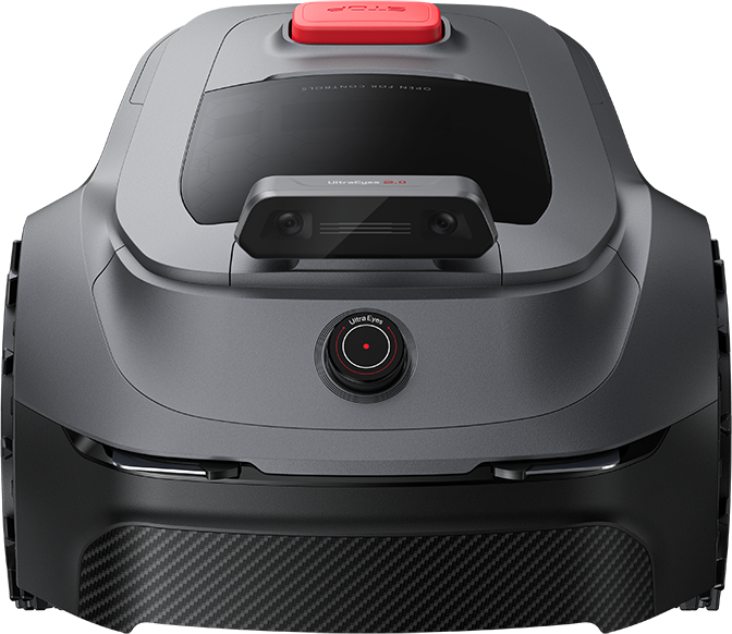 Szürke robotfűnyíró piros stop gombbal, kamerákkal és érzékelővel.