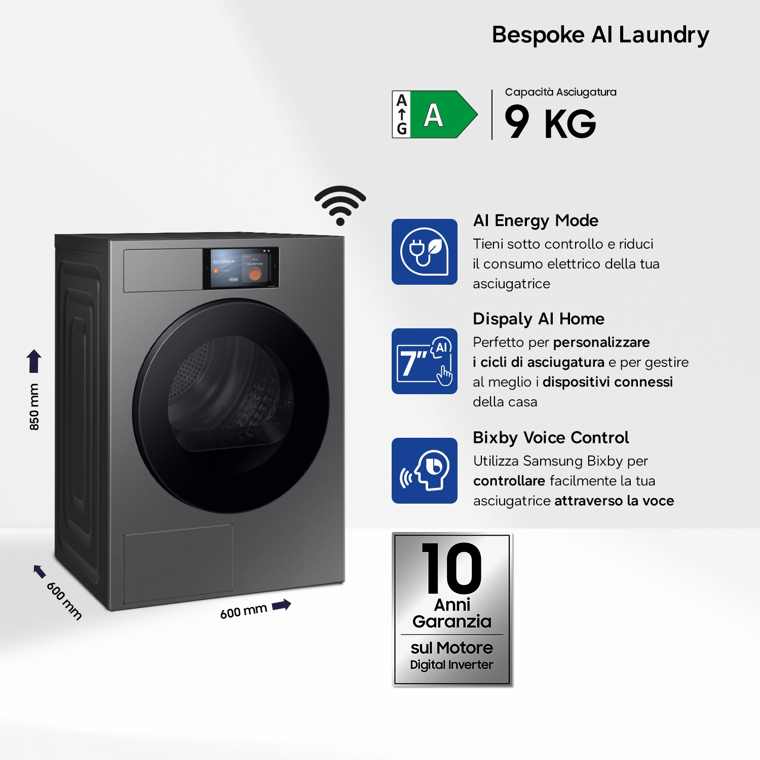 Ascigatrice grigia AI, 9kg, Classe A, Garanzia Motore 10 anni. Dimensioni 85x60x60cm.