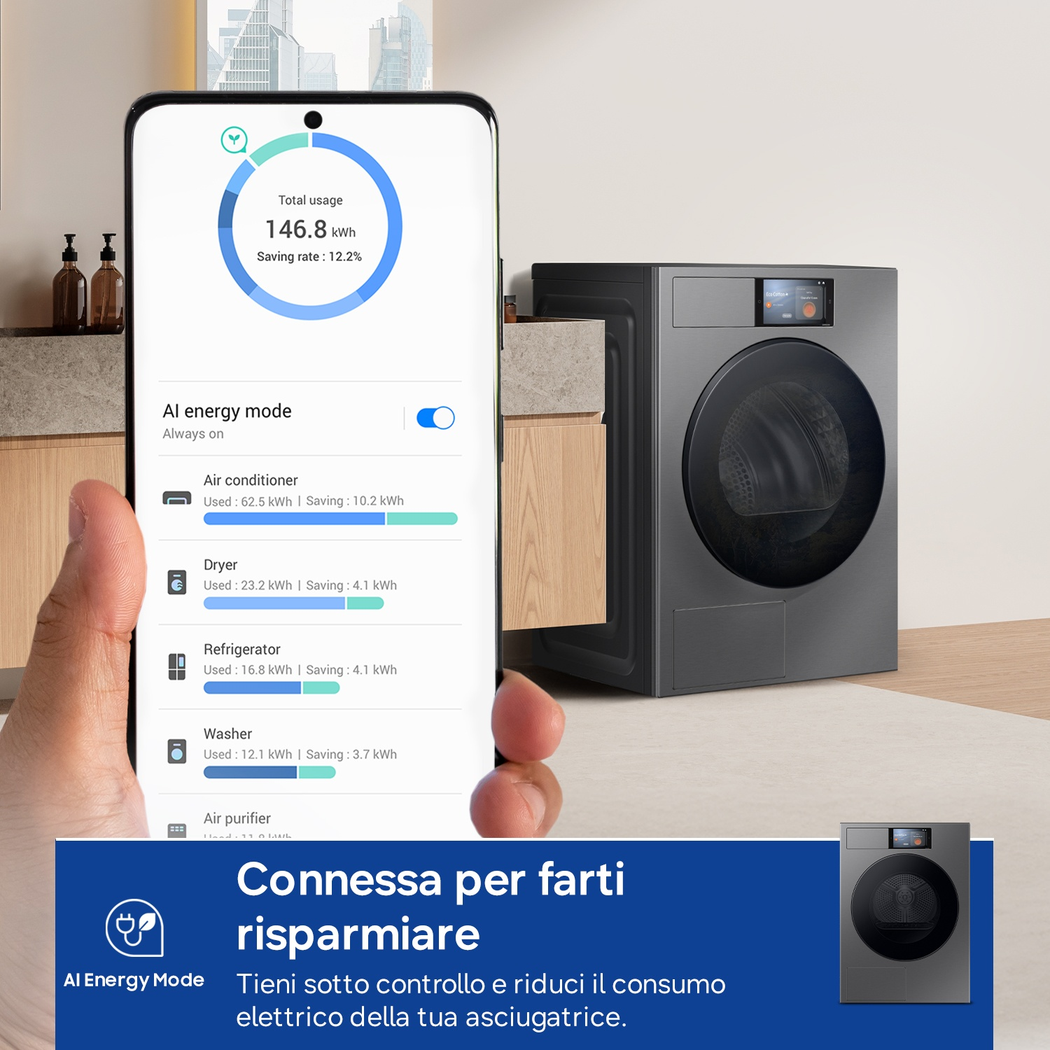 Una mano tiene uno smartphone con dati di consumo energetico. Accanto, una lavatrice.