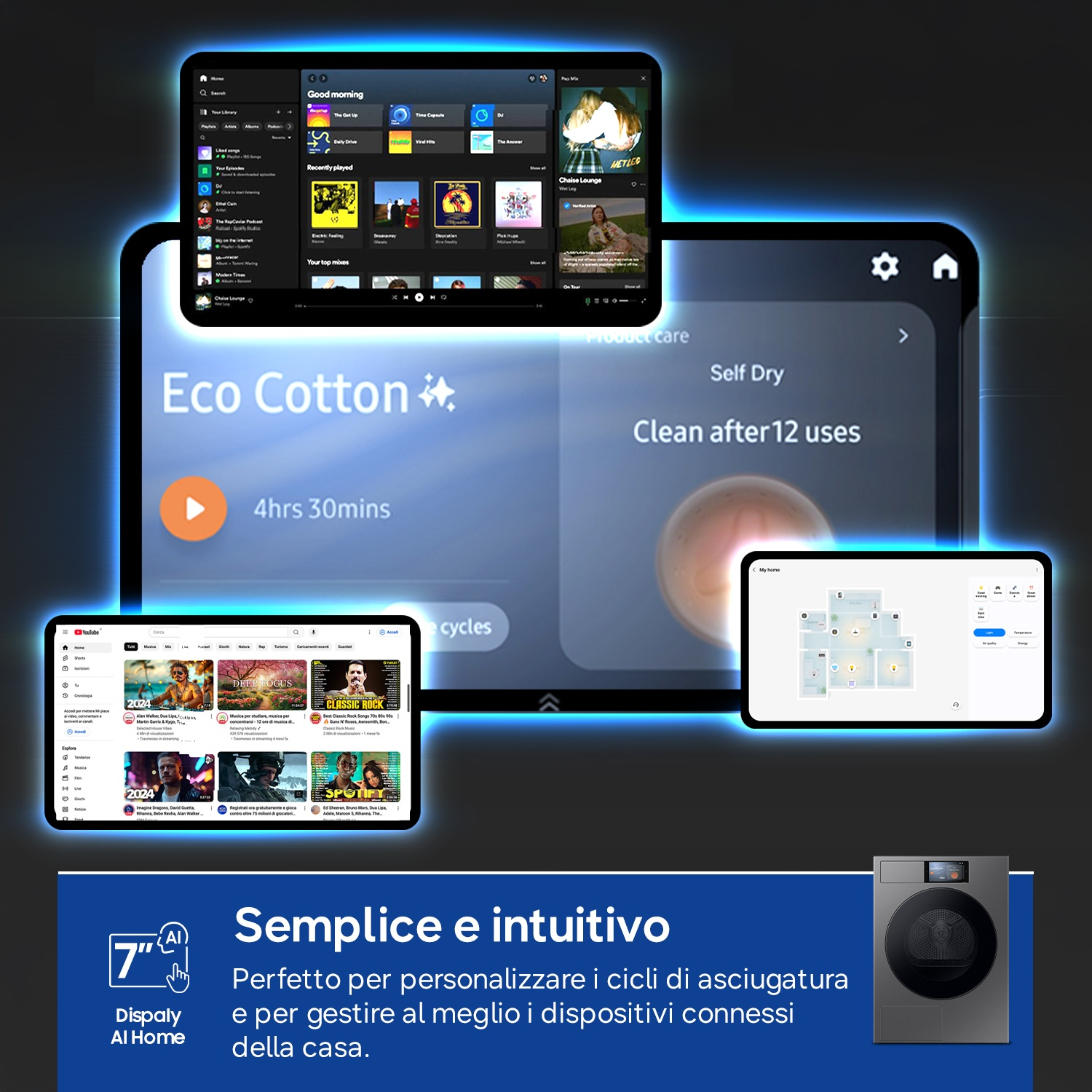 Schermi multipli mostrano una lavatrice, app musicali e controlli per la casa intelligente.