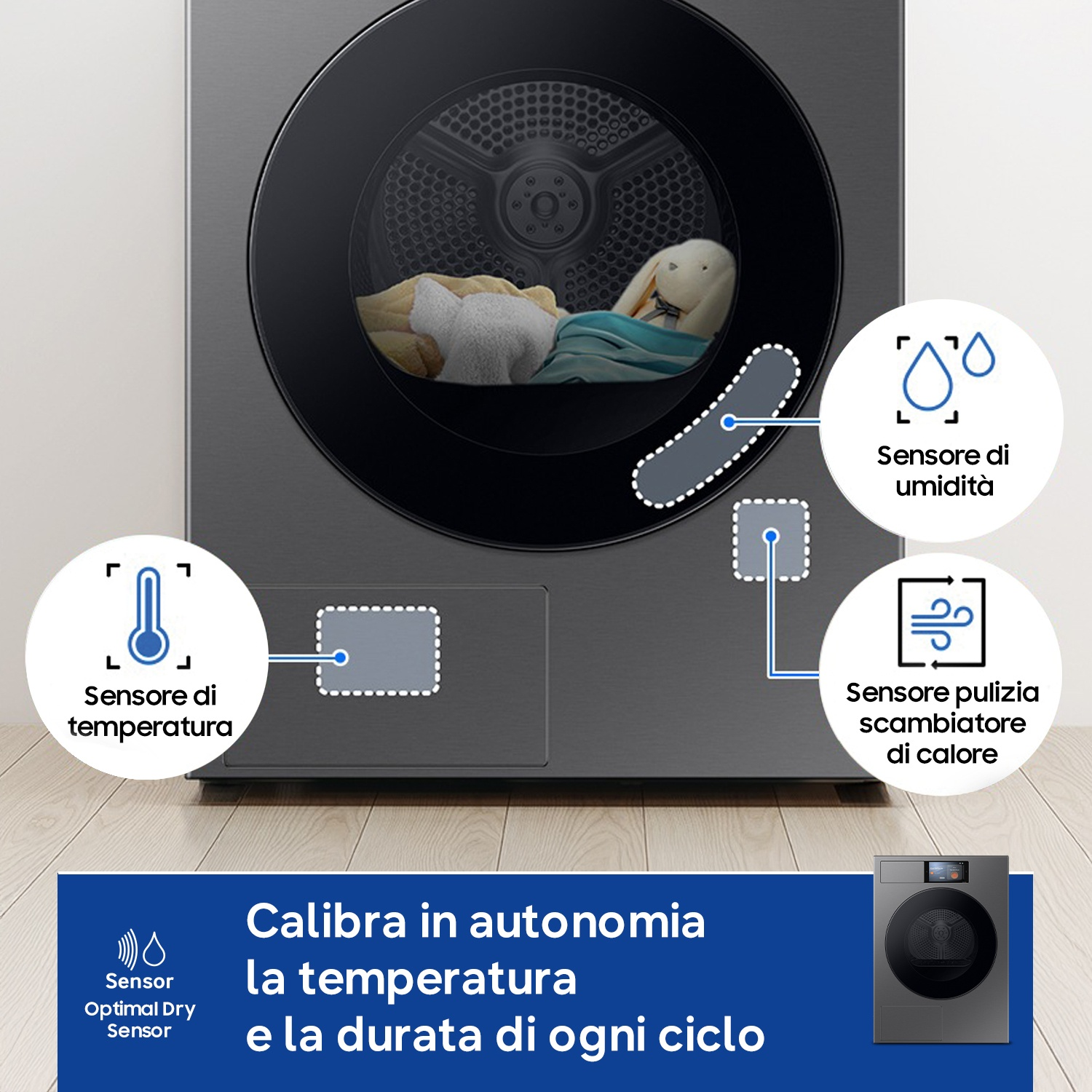 Una asciugatrice con sensori di temperatura, umidità e pulizia.