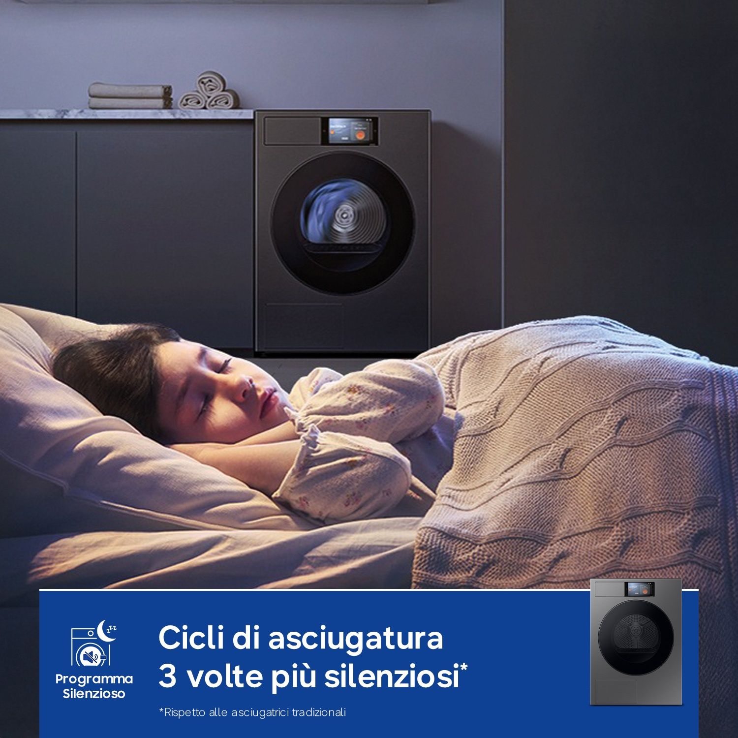 Un bambino dorme serenamente mentre un'asciugatrice funziona silenziosamente.