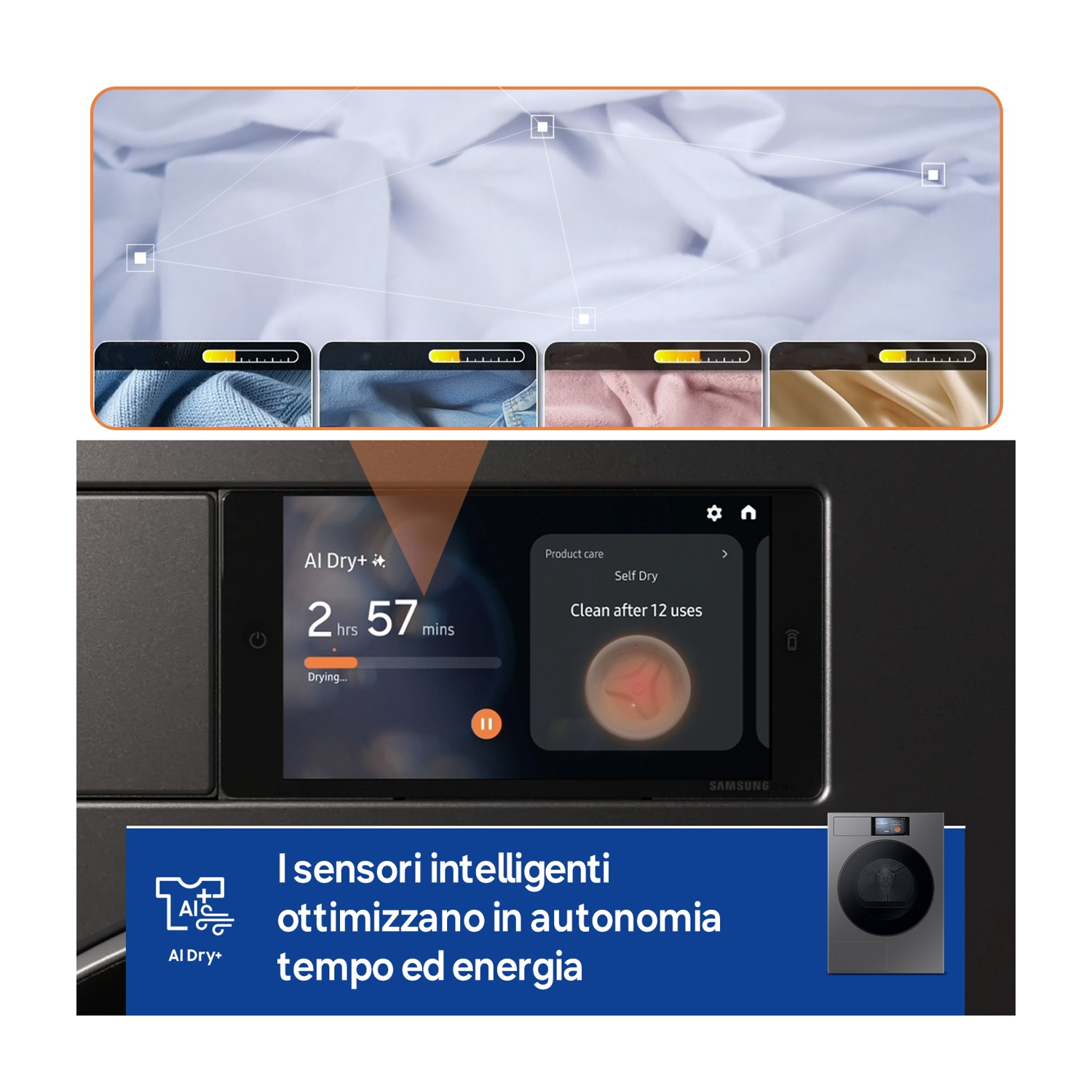 Lavatrice con touchscreen che mostra il tempo di asciugatura, con immagini di tessuto.
