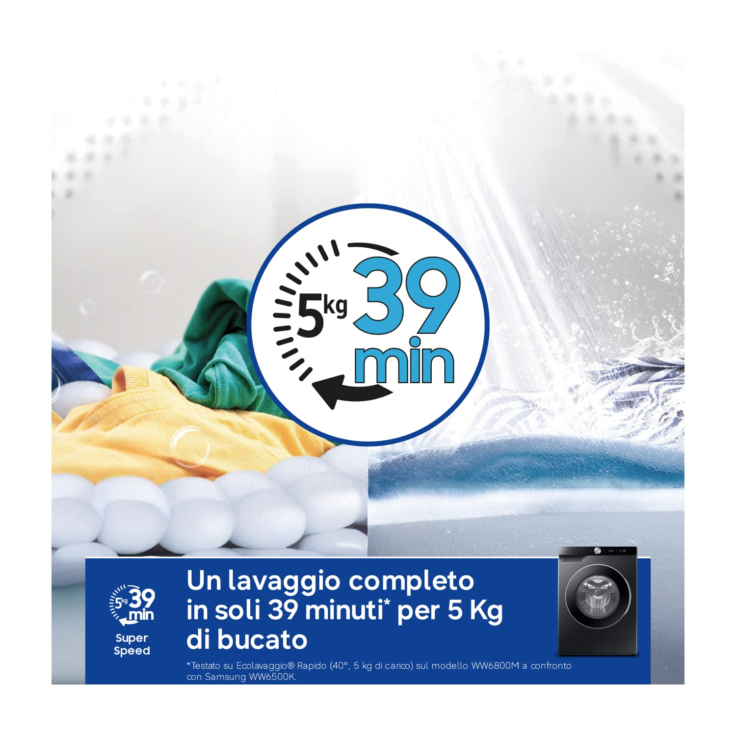 Un lavaggio completo per 5 kg in soli 39 minuti, con lavatrice.