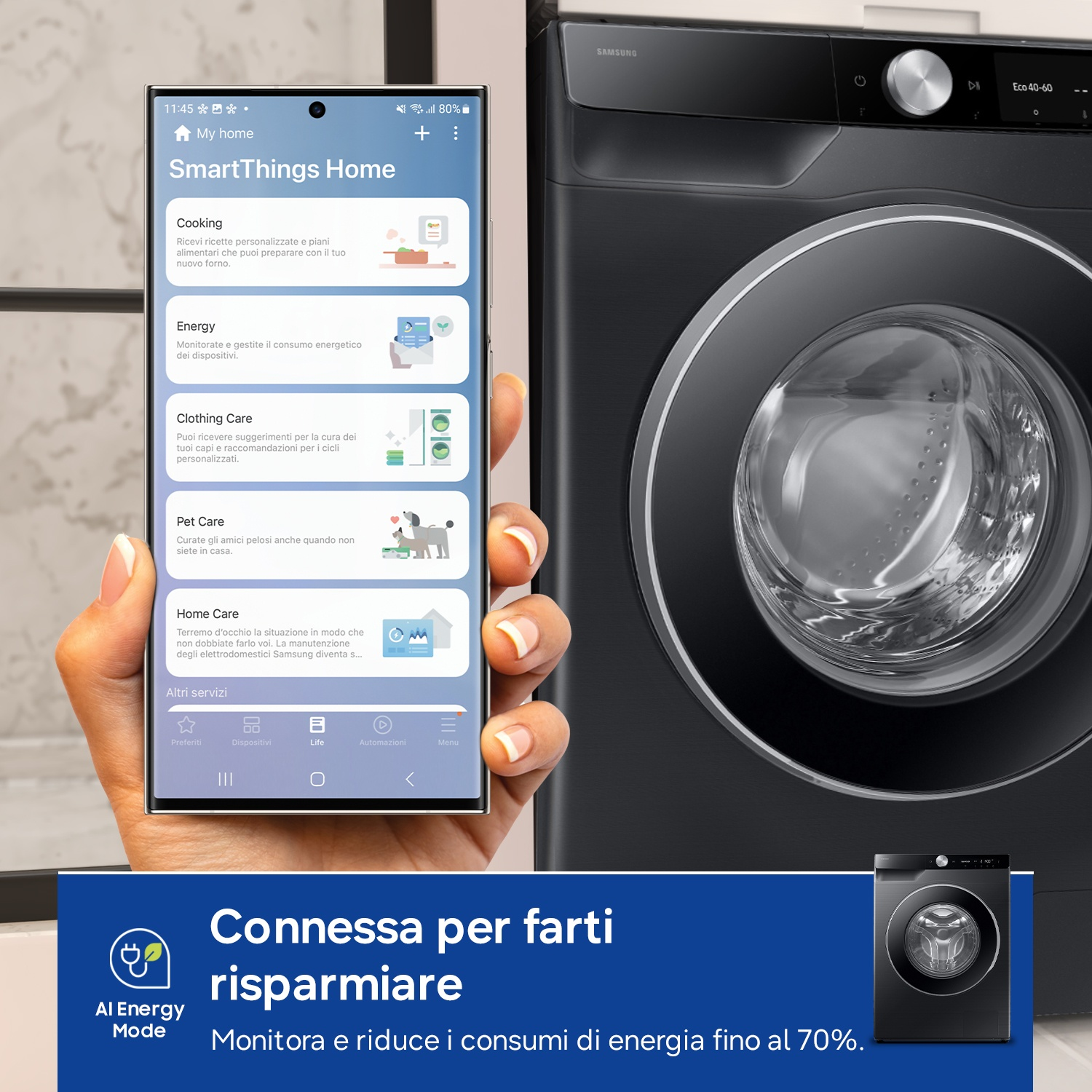 Uno smartphone mostra l'app SmartThings Home accanto a una lavatrice nera.