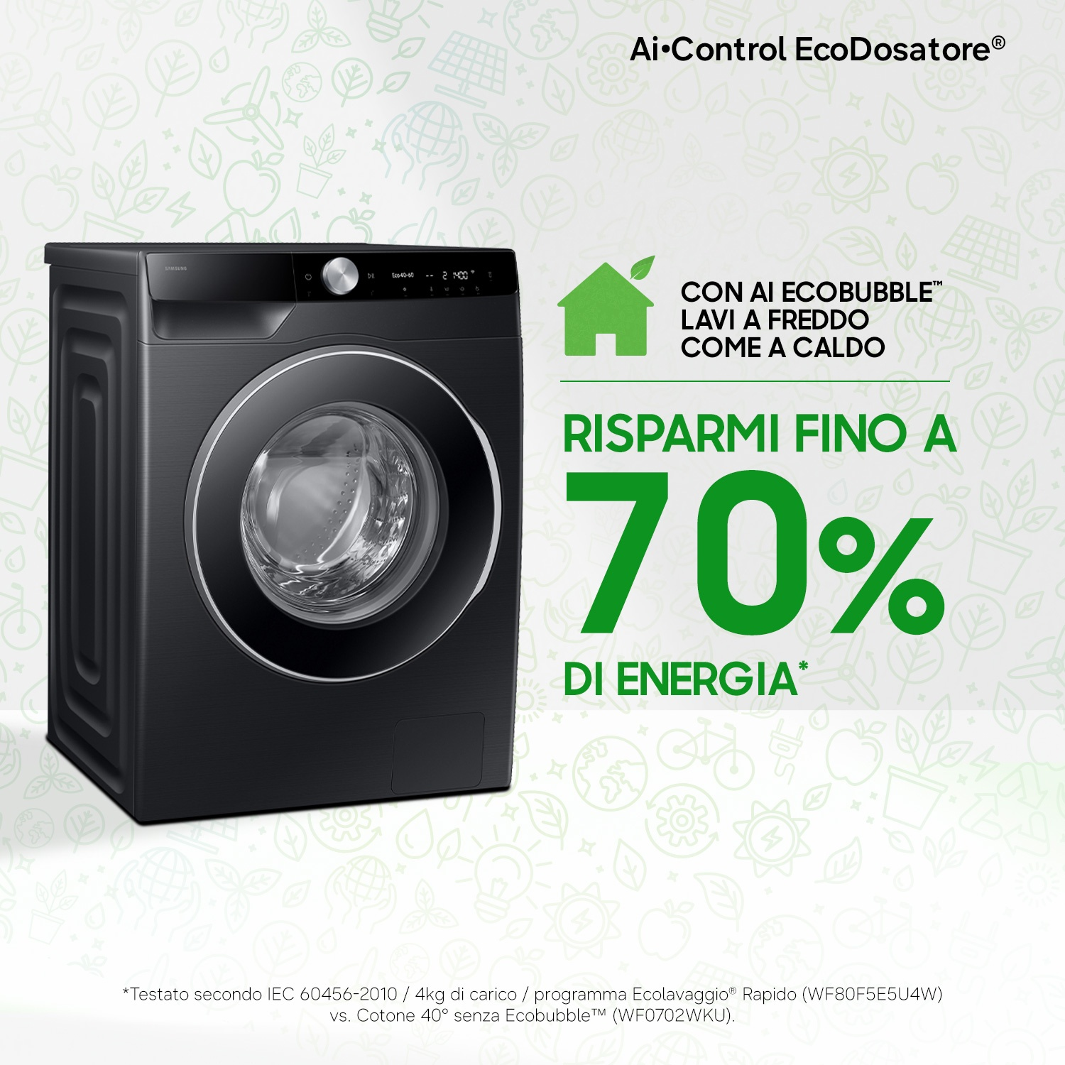 Lavatrice nera con display digitale, risparmia il 70% di energia.