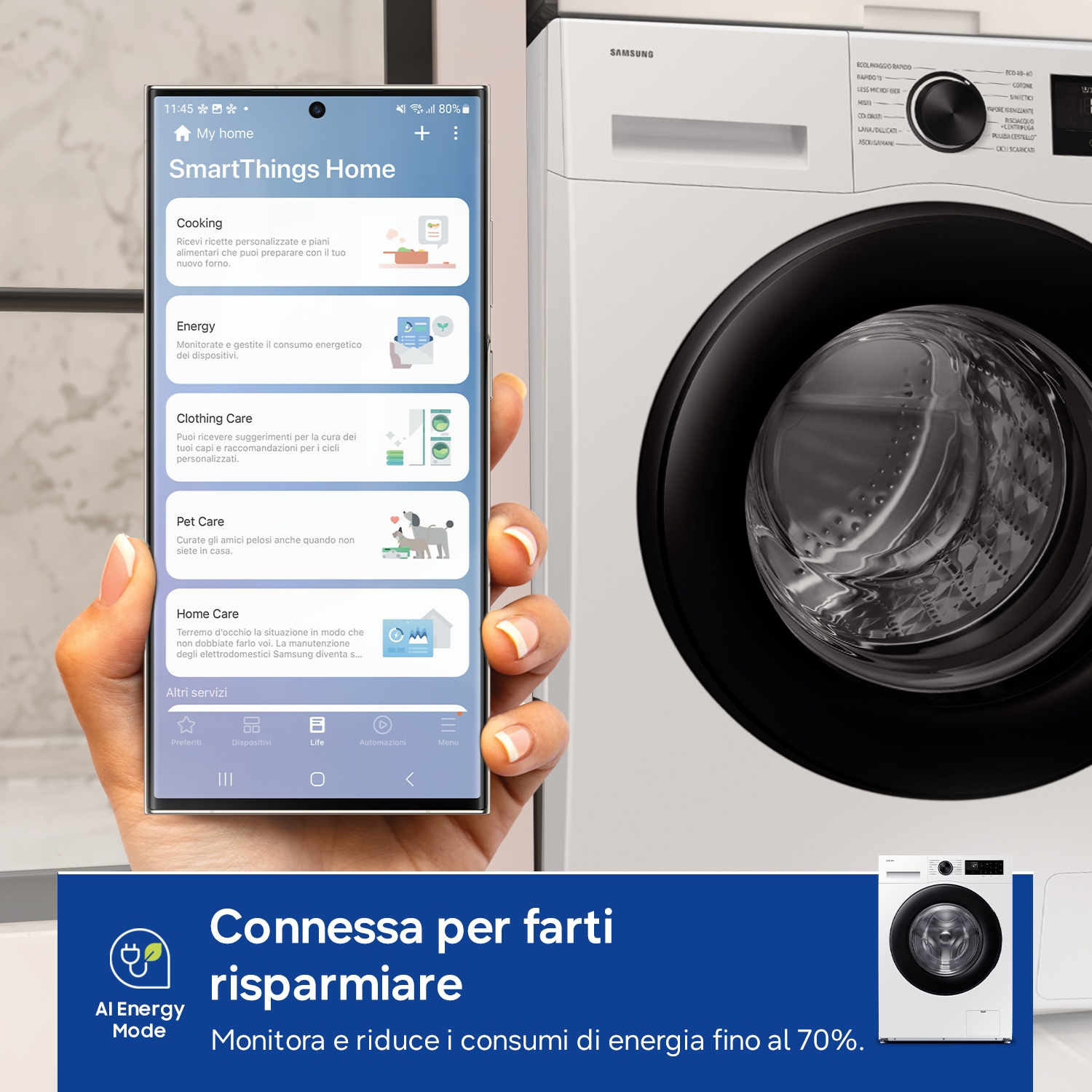 Uno smartphone mostra l'app SmartThings accanto a una lavatrice Samsung.