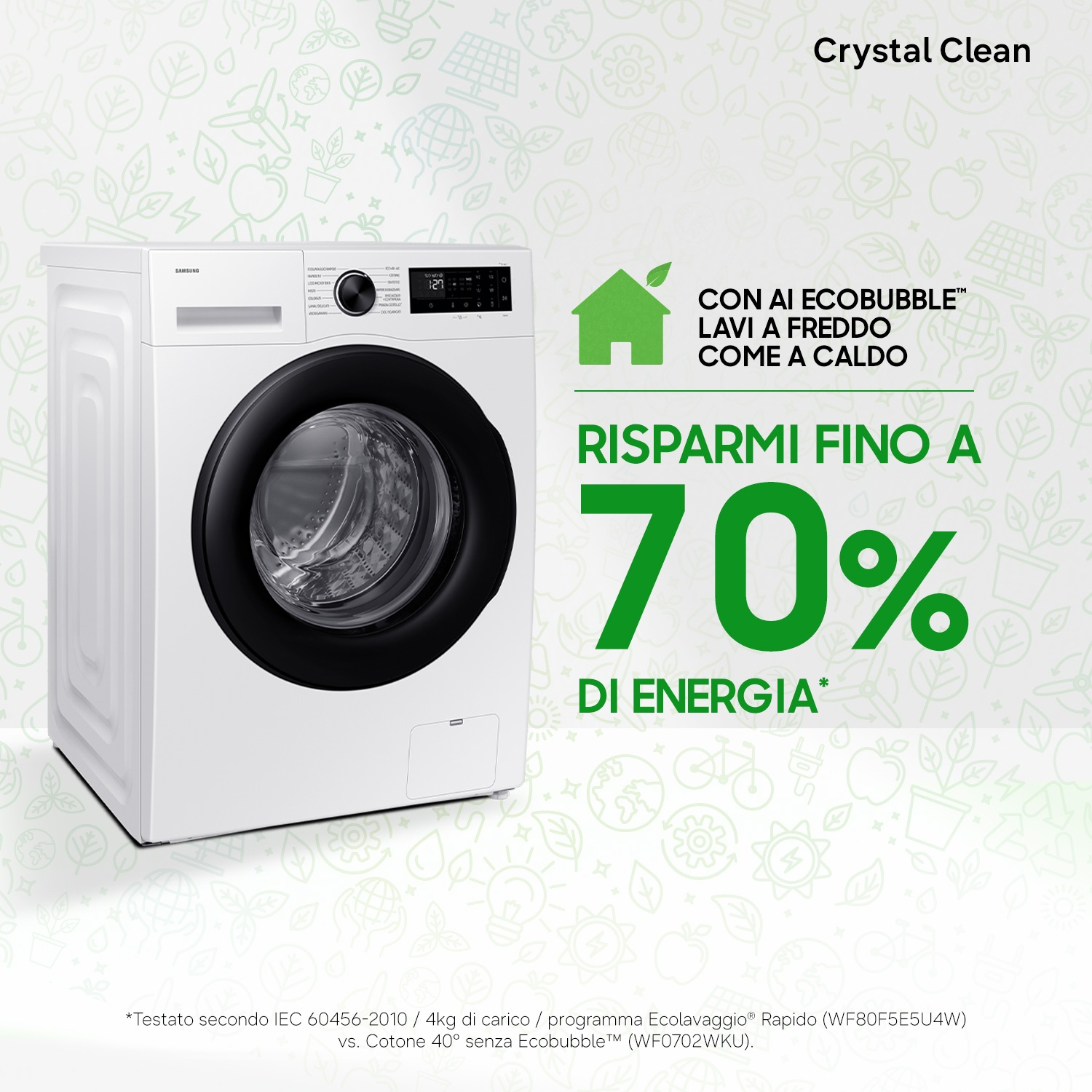 Lavatrice bianca con oblò nero e consigli sul risparmio energetico.