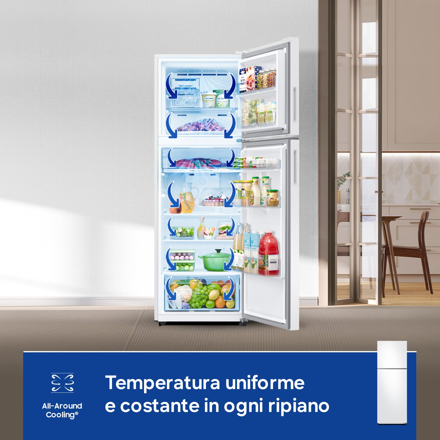 Un frigorifero bianco con scomparto aperto, pieno di cibo e frutta.