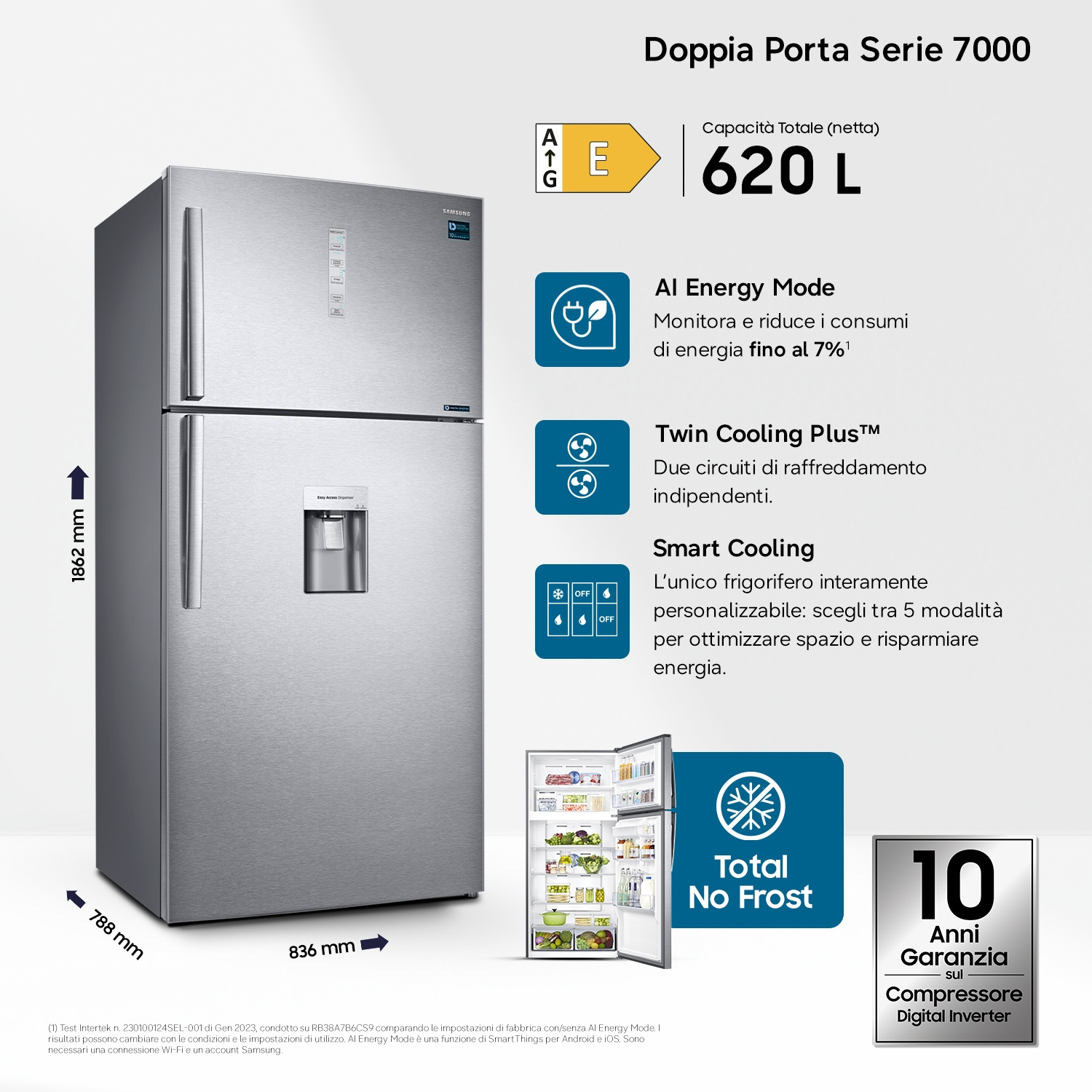 Frigorifero Samsung Serie 7000 argentato da 620 L, con AI Energy Mode e Total No Frost.
