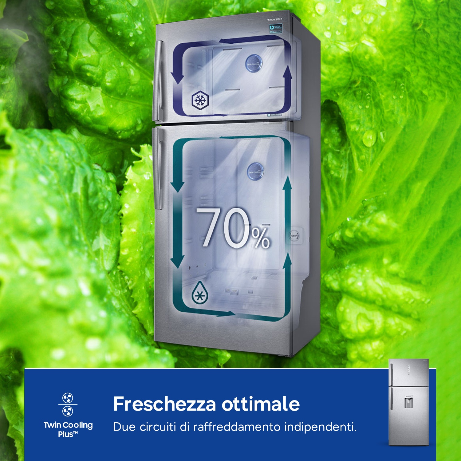 Frigorifero Samsung con doppia refrigerazione. Sfondo di lattuga verde fresca. Testo: 70%