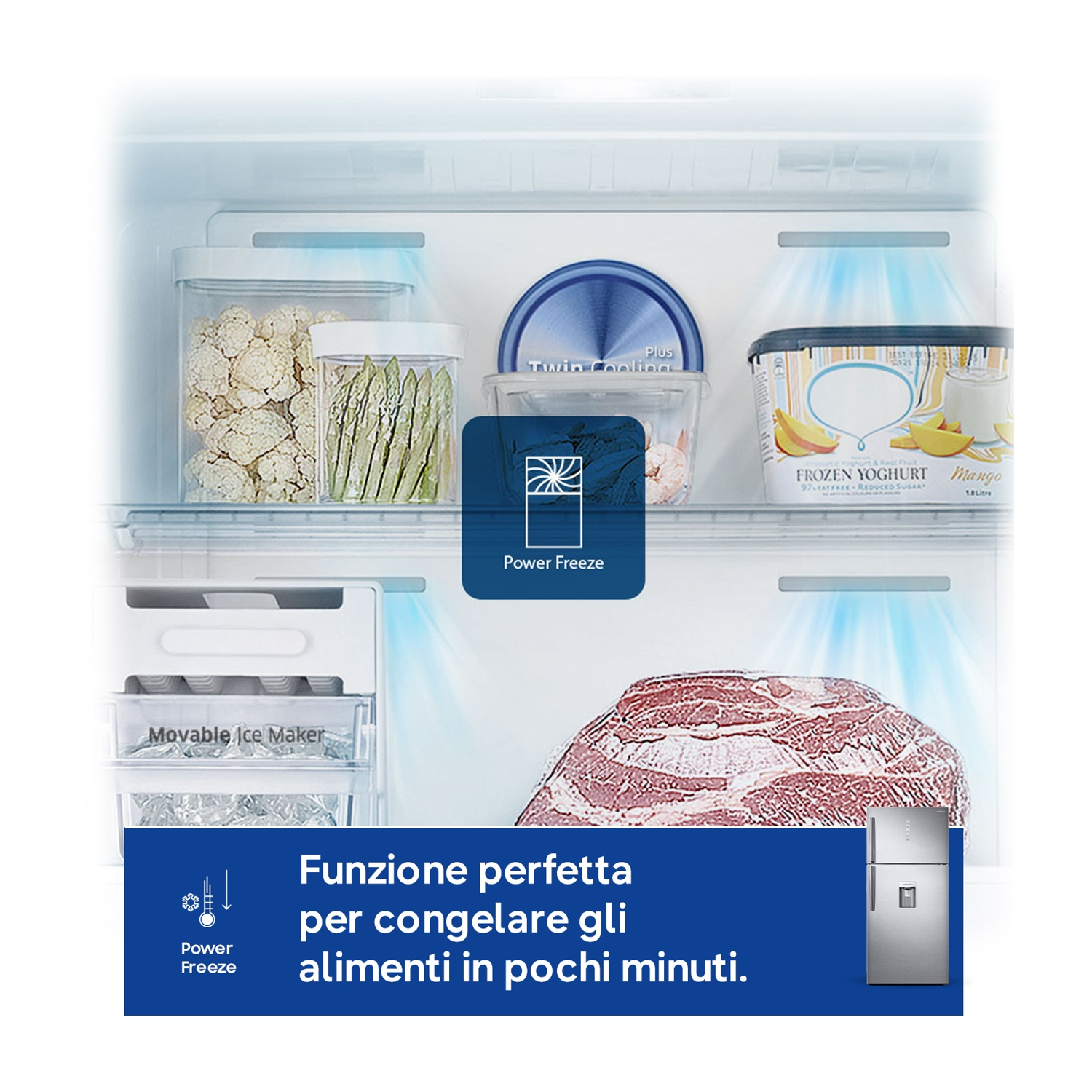 Cassetto congelatore con cavolfiore, asparagi, yogurt, ghiaccio e carne.