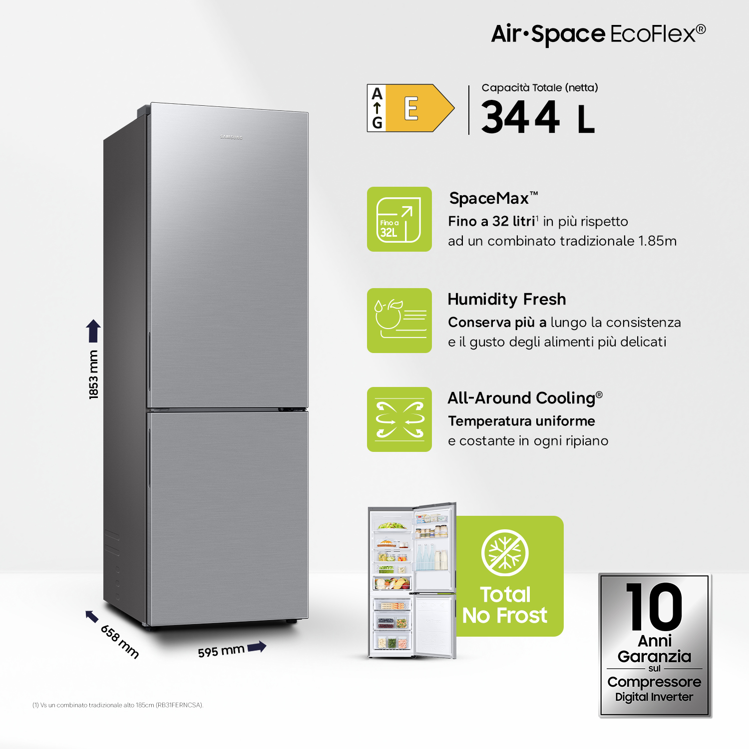 Un frigorifero Samsung argentato con classe energetica E. Dimensioni e caratteristiche sono elencate.