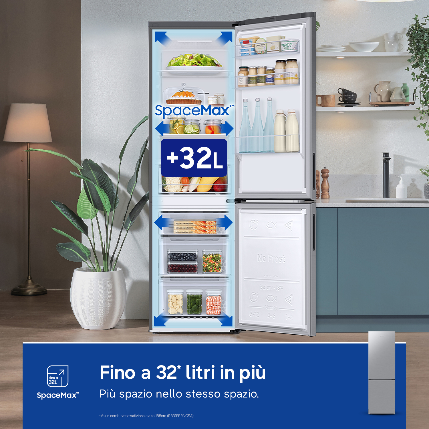 Un frigorifero aperto pieno di cibo, con l'etichetta '+32L SpaceMax'.