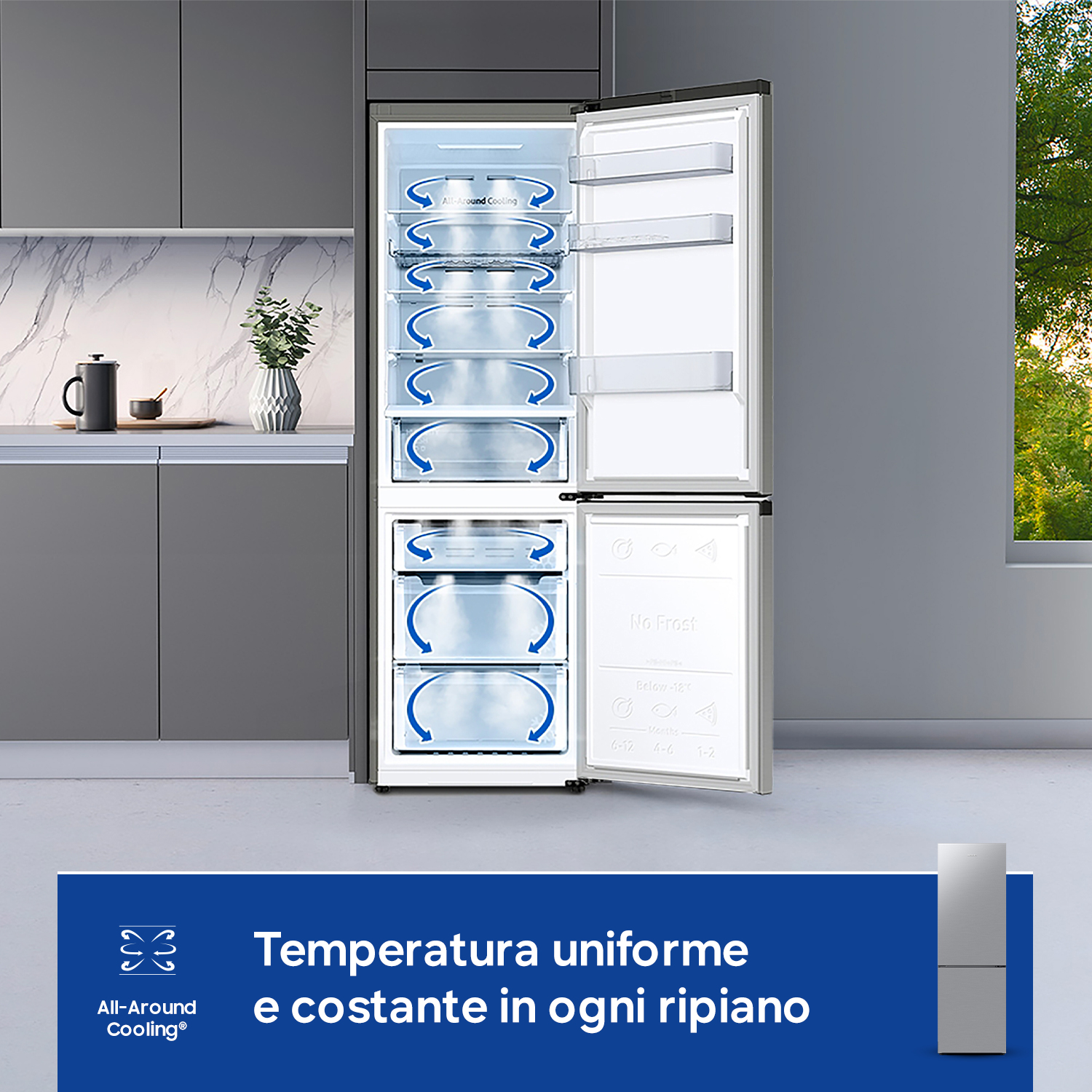 Un frigorifero aperto con più ripiani e frecce di raffreddamento, in una cucina.
