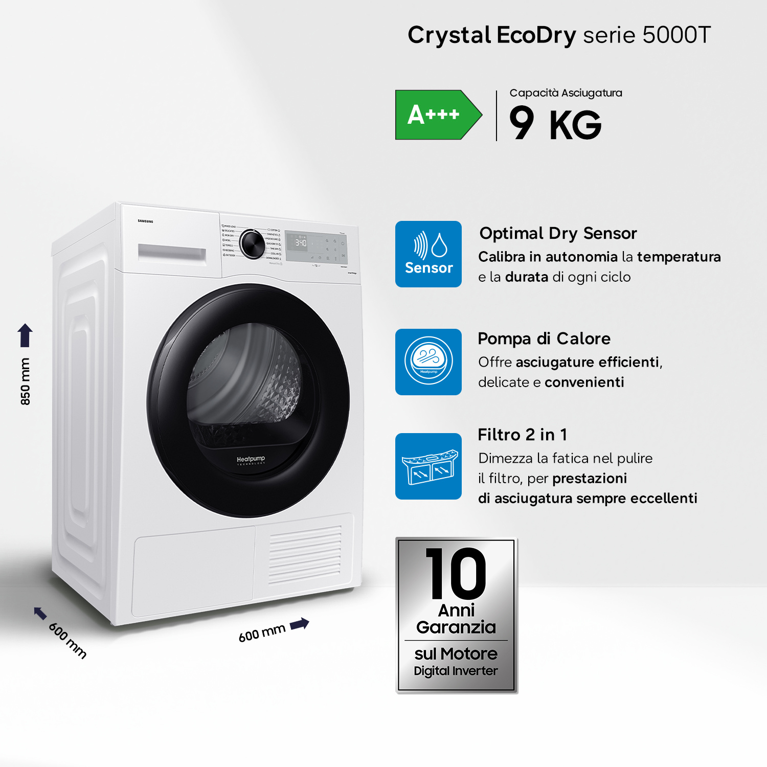 Asciugatrice Samsung Bianca Serie 5000T, 9kg, A+++, misure 85x60x60cm.