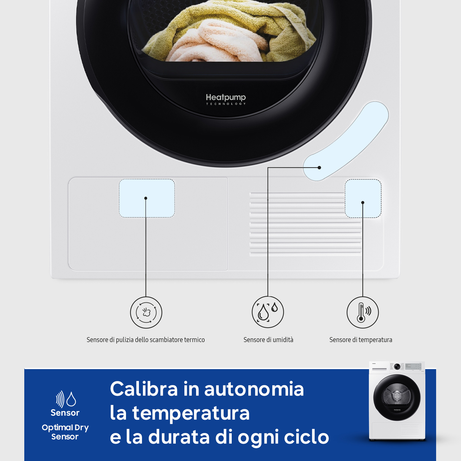 Un'asciugatrice con tecnologia Heatpump che mostra sensori per pulizia, umidità e temperatura.
