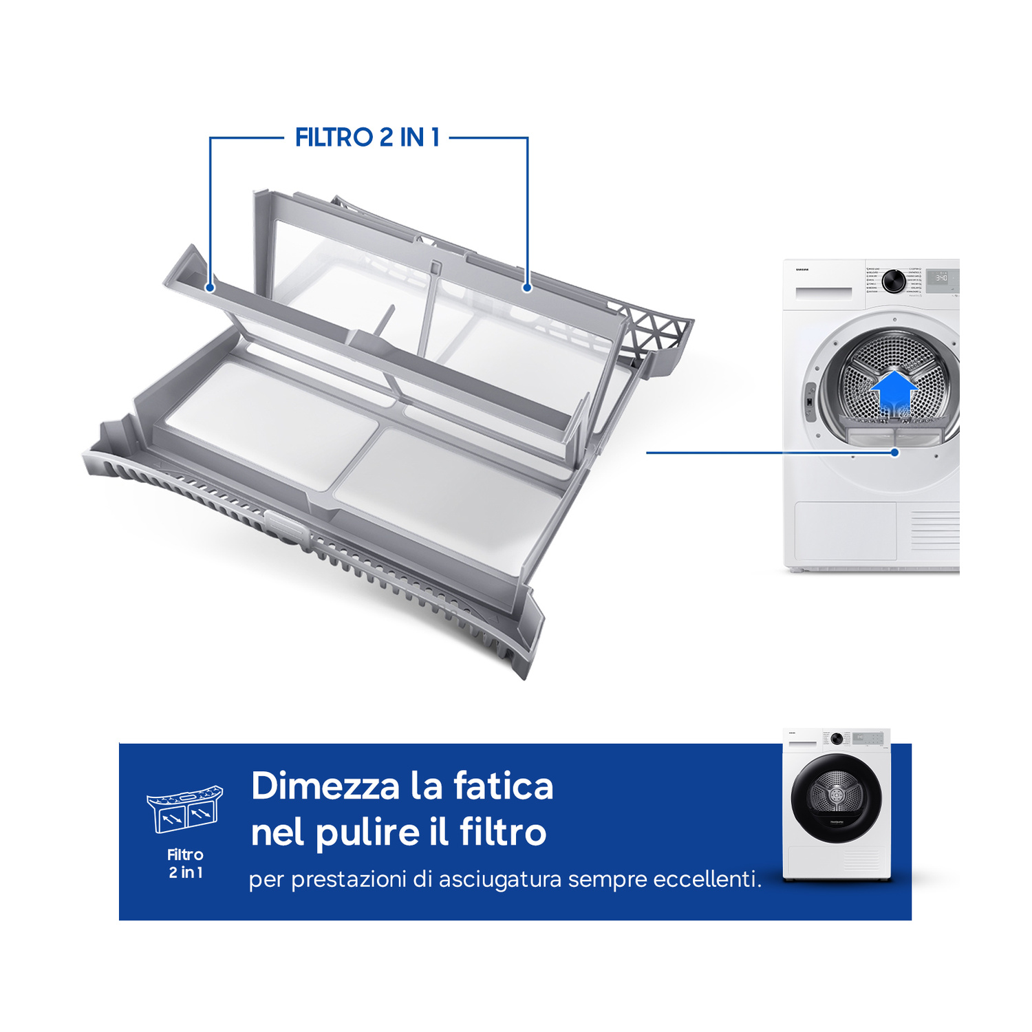 Un filtro di asciugatrice e un'asciugatrice. Il filtro è 2 in 1.