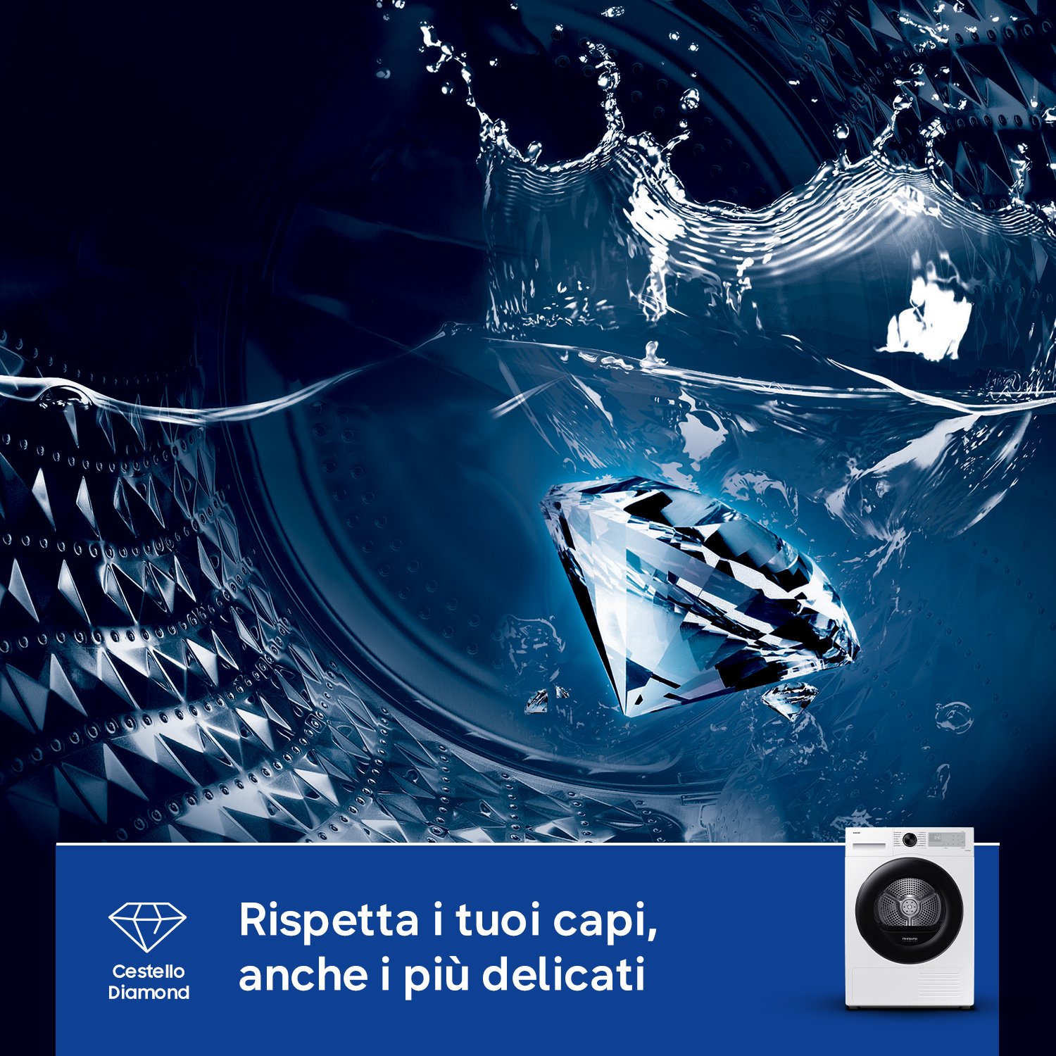 Un diamante cade in acqua in una lavatrice con testo.