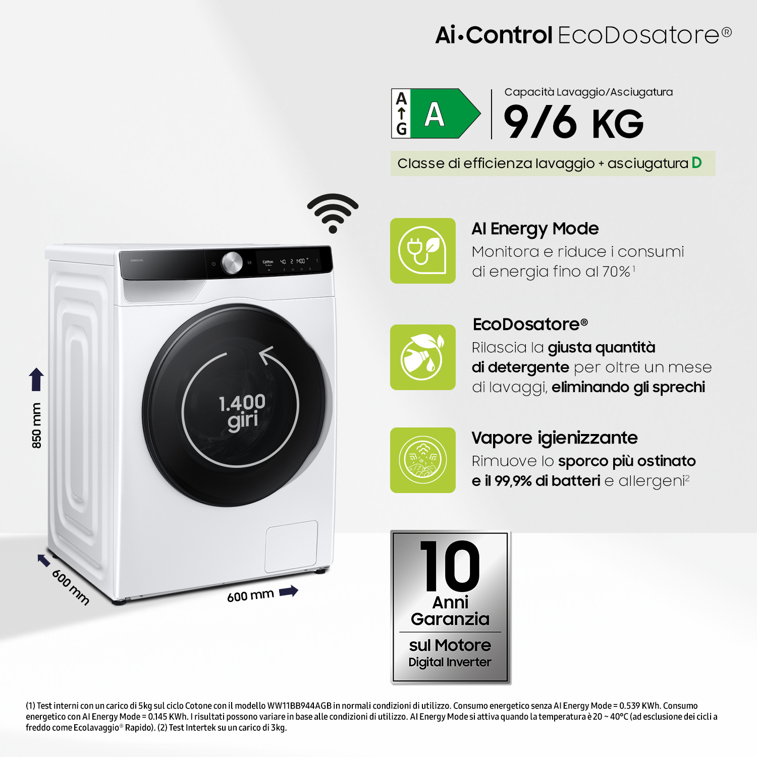 Lavatrice bianca con touchscreen, capacità 9/6 kg, classe energetica A, garanzia 10 anni.