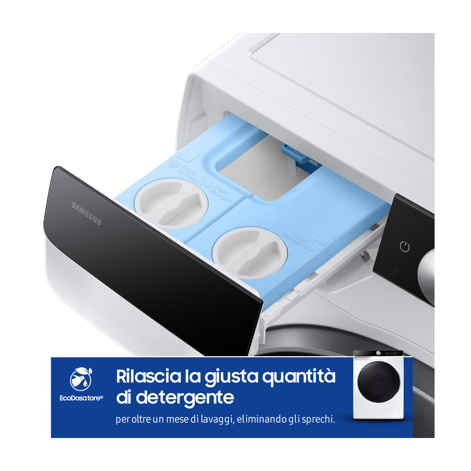 Lavatrice Samsung con cassetto estraibile per detersivo e ammorbidente.