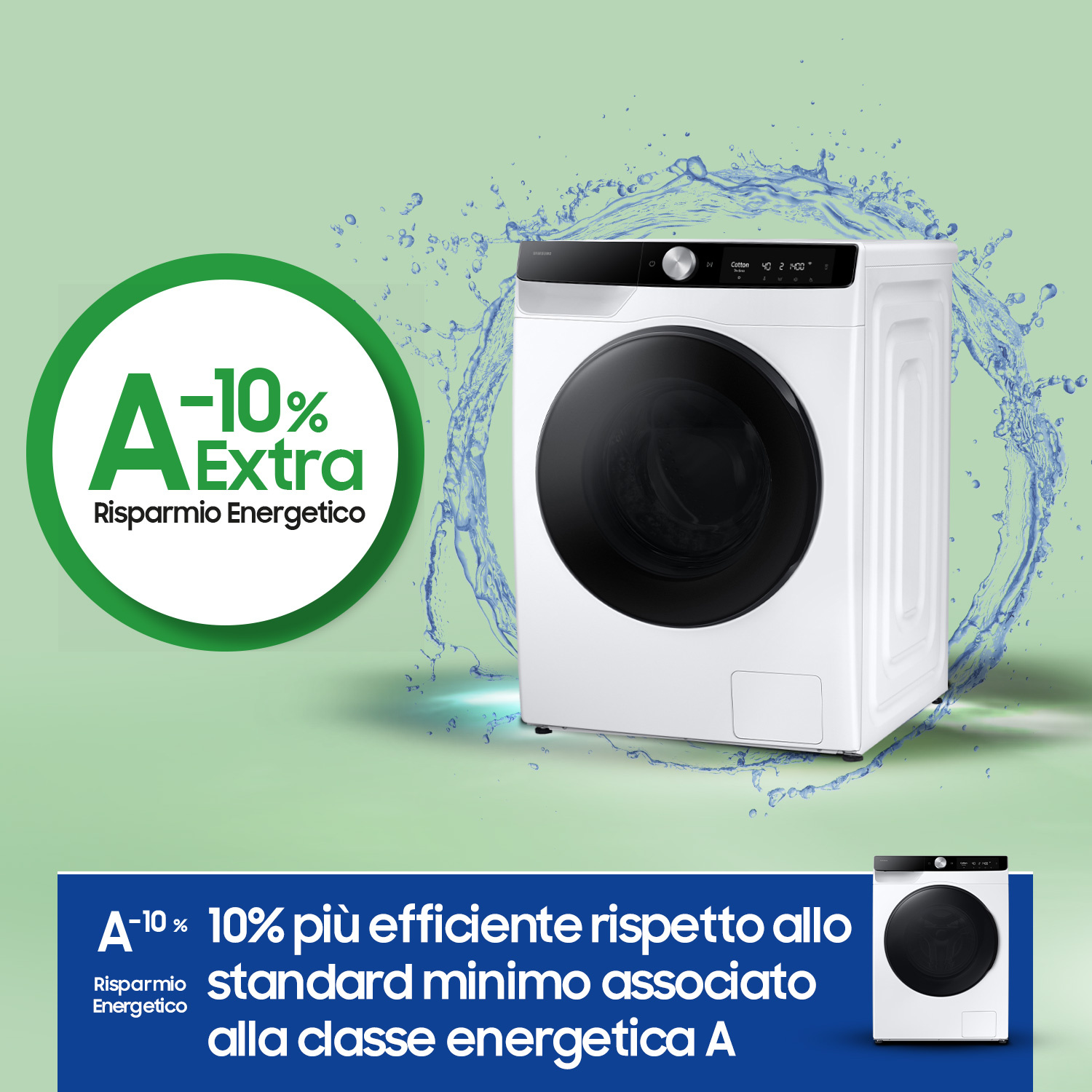 Lavatrice Samsung bianca con grafica a cerchio verde e schizzi d'acqua.