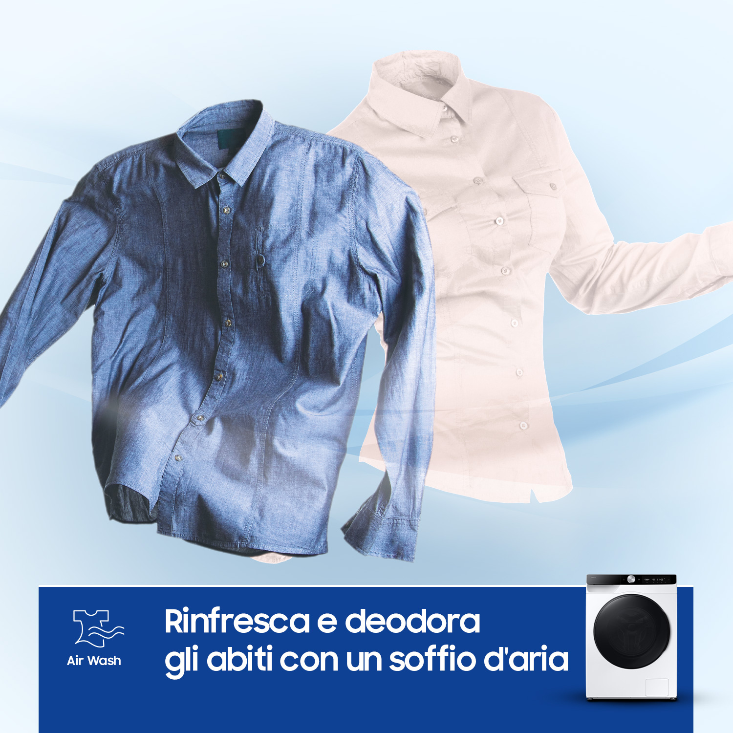 Una camicia blu e una bianca fluttuano su sfondo azzurro. Una lavatrice è in basso a destra.
