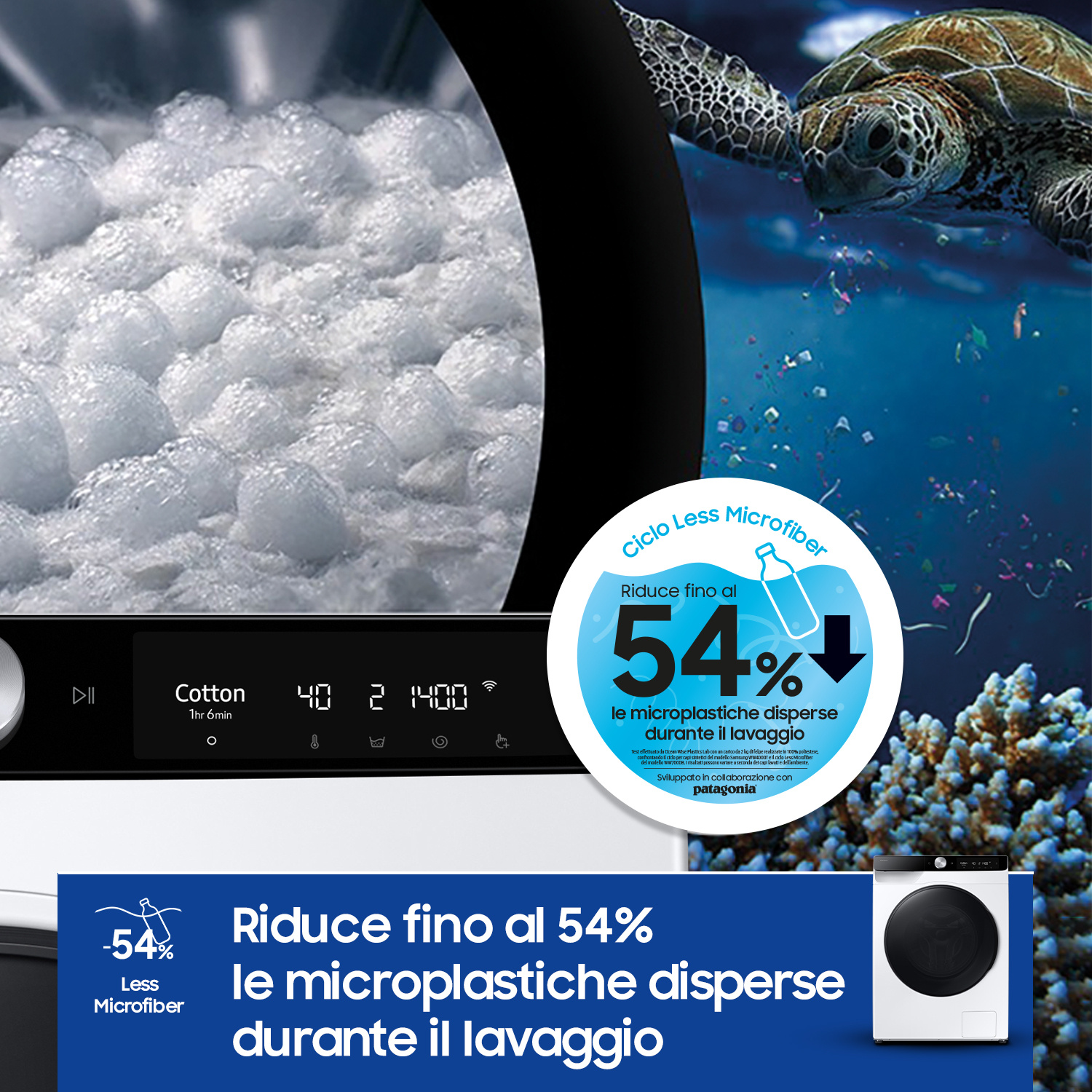 Lavatrice riduce microplastiche 54%; tartaruga marina nuota in acqua pulita.