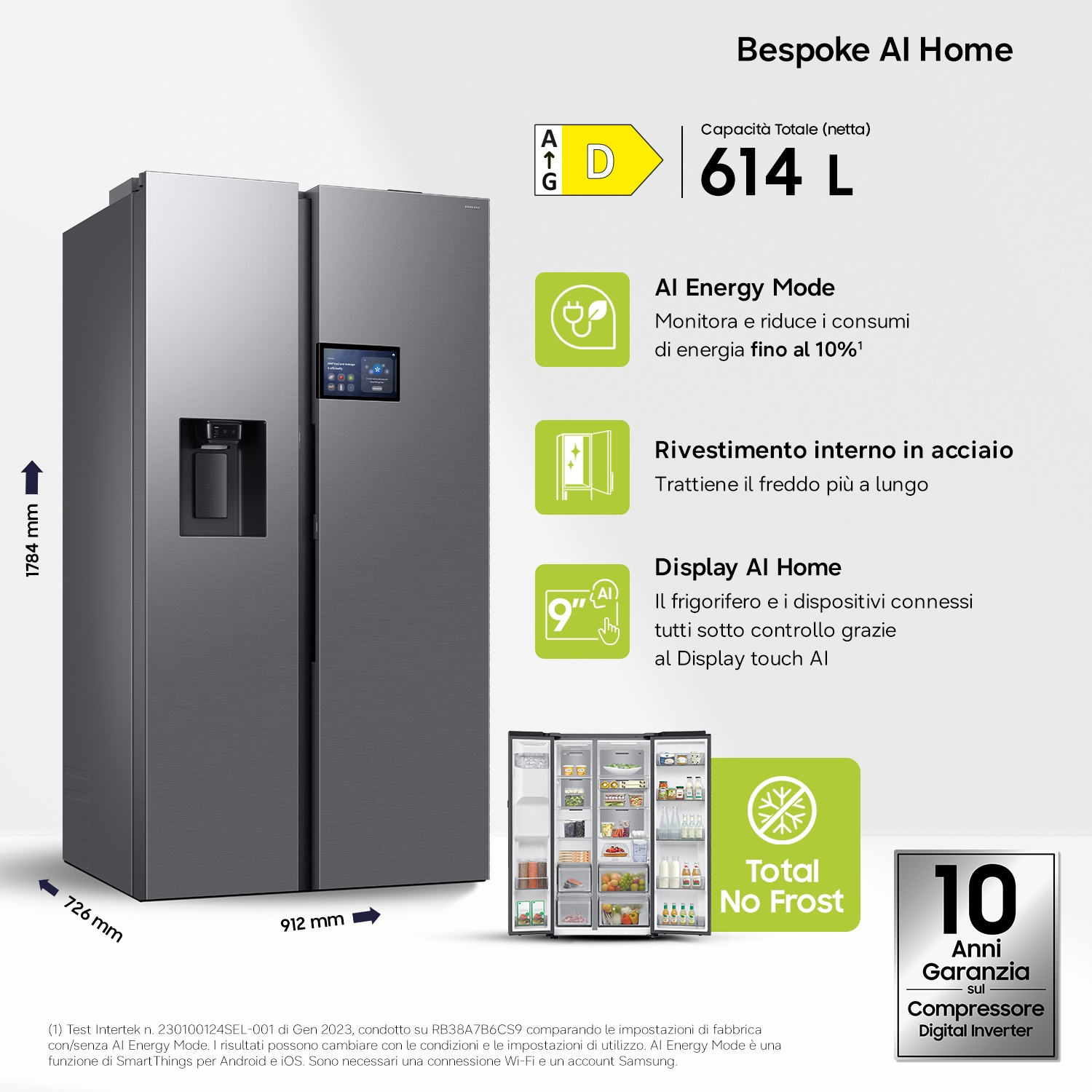 Un frigorifero grande, moderno, grigio con touchscreen e display alimenti.