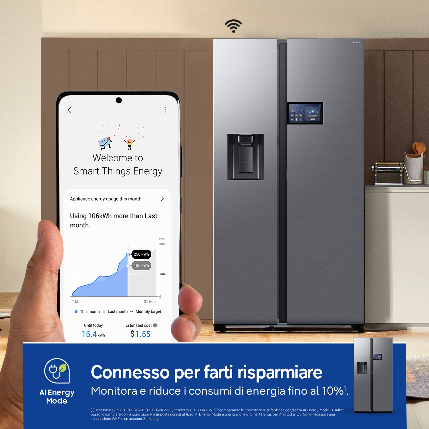 Uno smartphone mostra i dati di consumo energetico di un frigorifero.