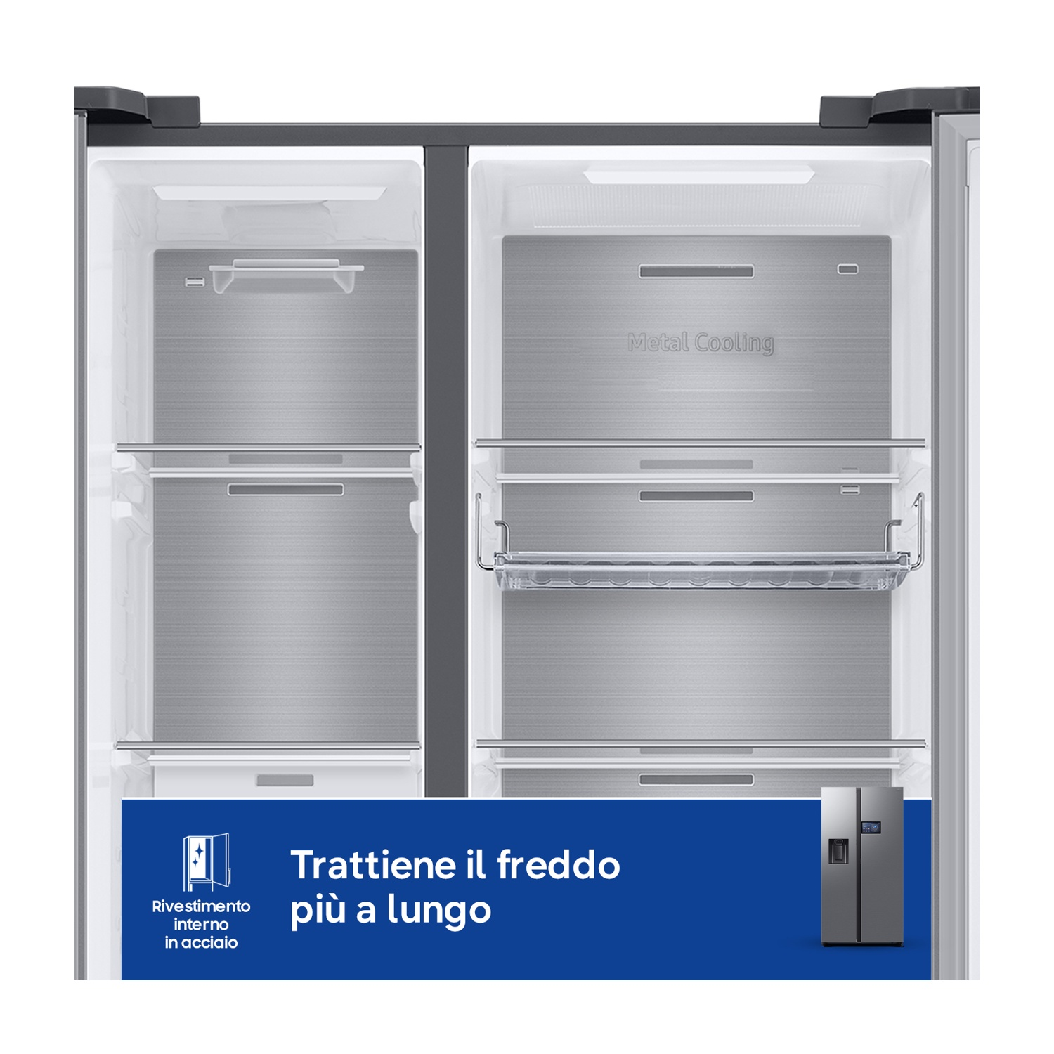 Vista interna di un frigorifero moderno con raffreddamento in metallo. Vuoto.