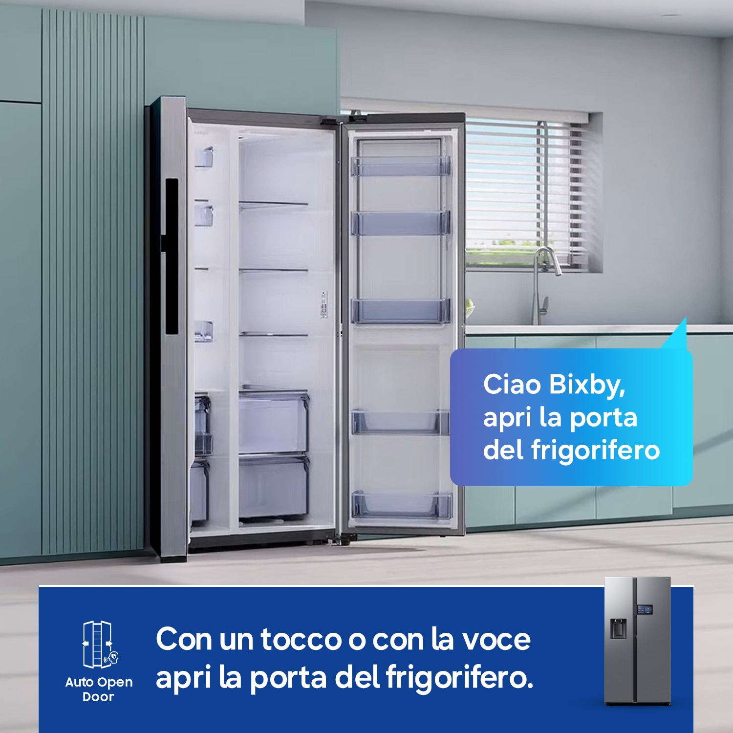 Un frigorifero aperto a due ante in una cucina moderna con bancone e finestra.