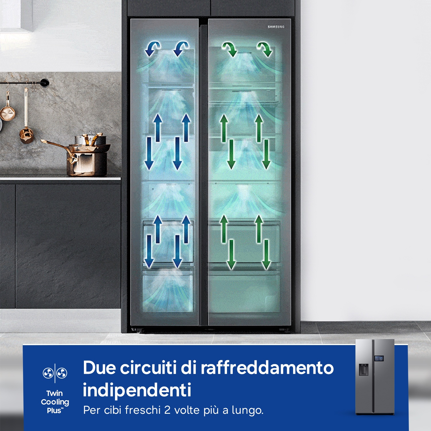 Frigorifero Samsung con due circuiti di raffreddamento indipendenti. Frecce mostrano flusso aria.