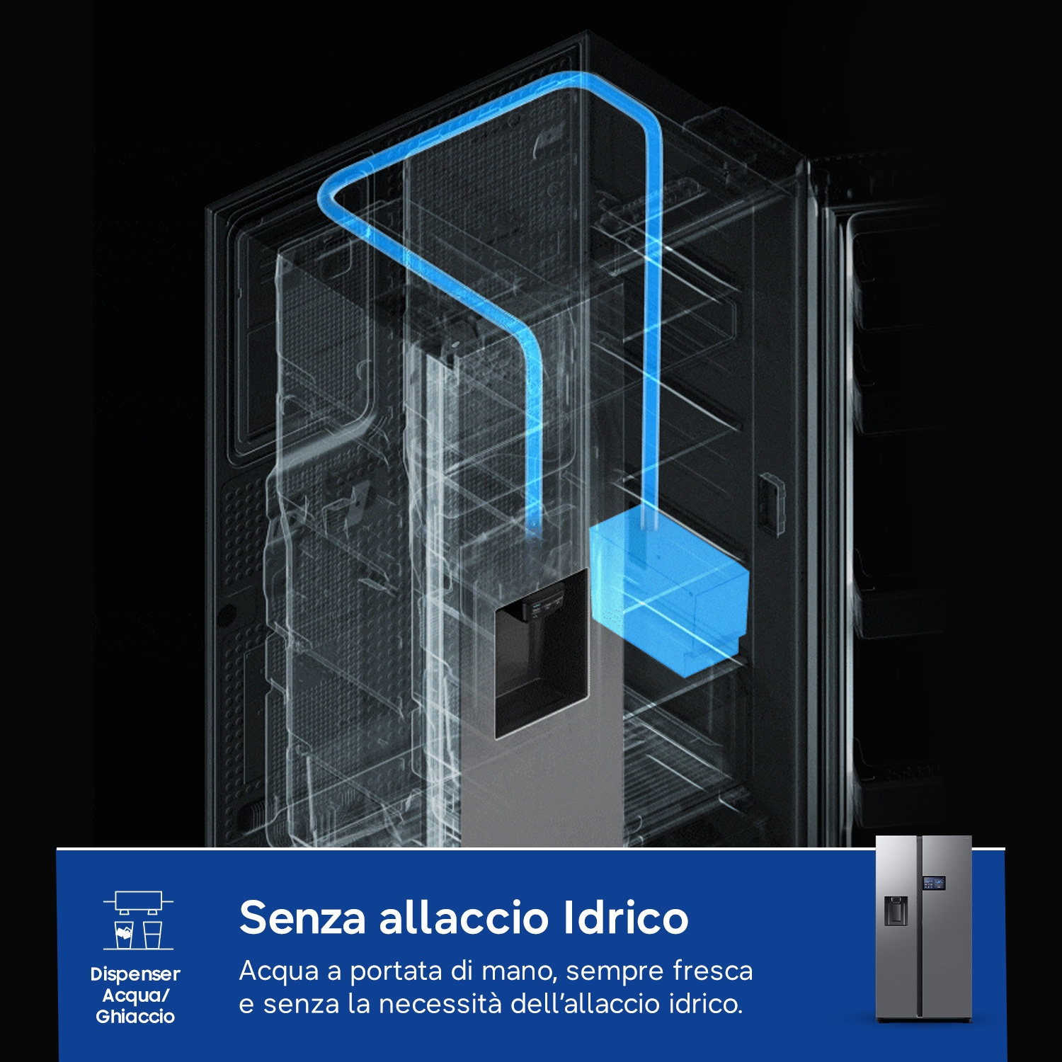 Frigorifero con dispenser acqua/ghiaccio, senza allaccio idrico.