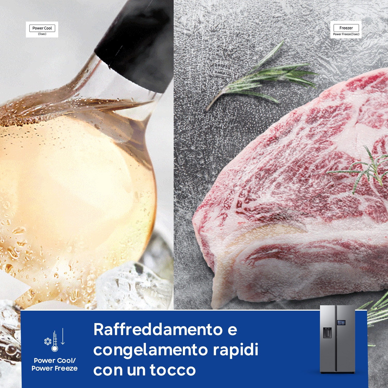 Bevanda e carne cruda accanto a un frigorifero. Funzioni di raffreddamento e congelamento.