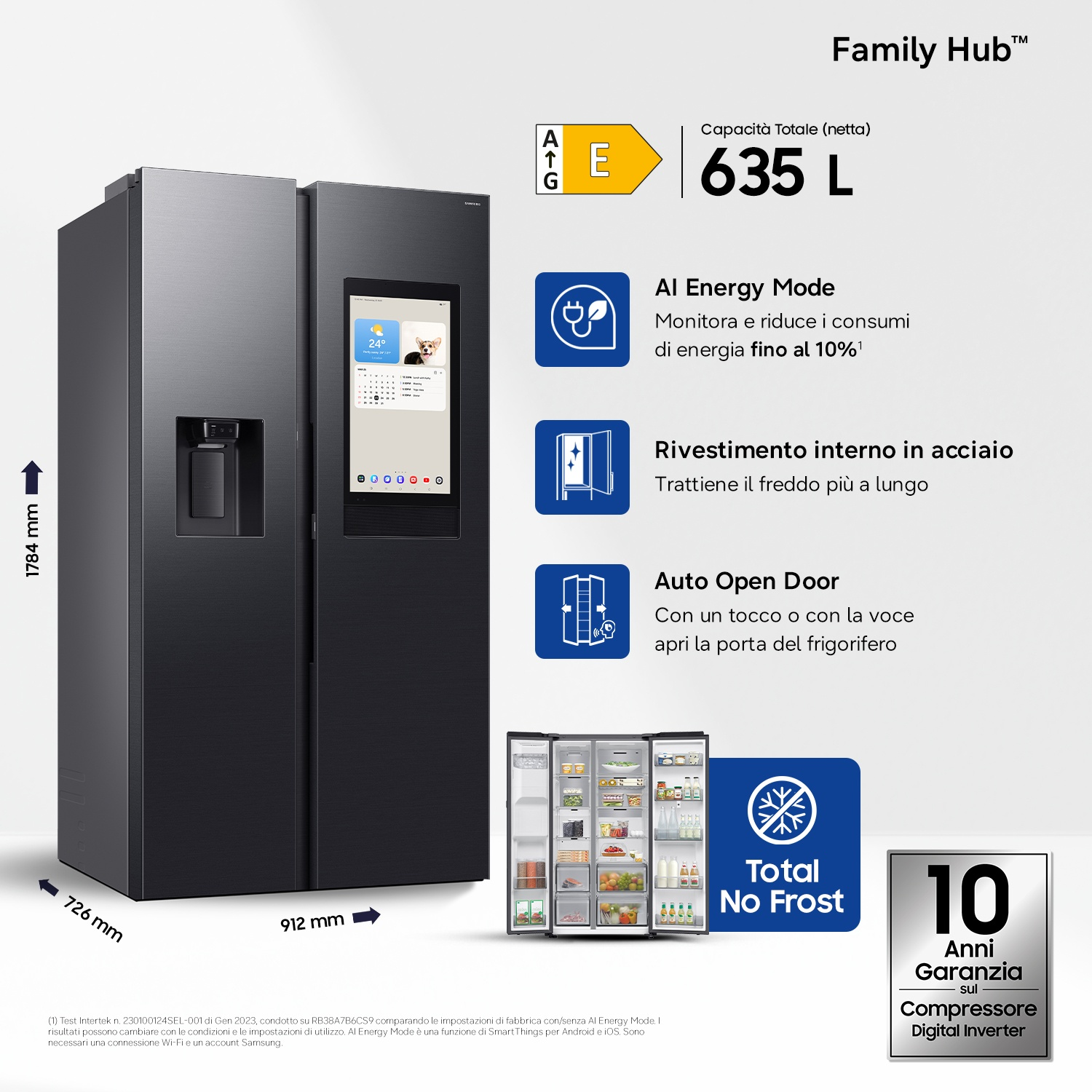 Frigorifero nero con porta touchscreen, classe energetica E, 635L, 10 anni garanzia.
