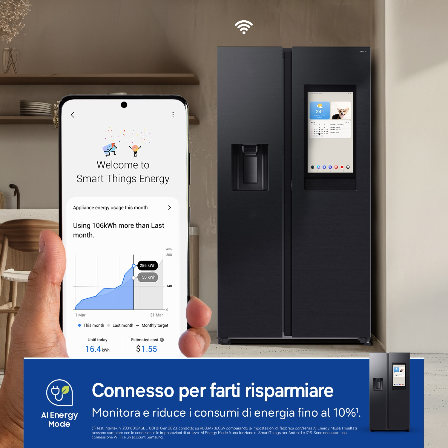 Uno smartphone mostra un'app di consumo energetico, accanto a un frigorifero nero con touchscreen.