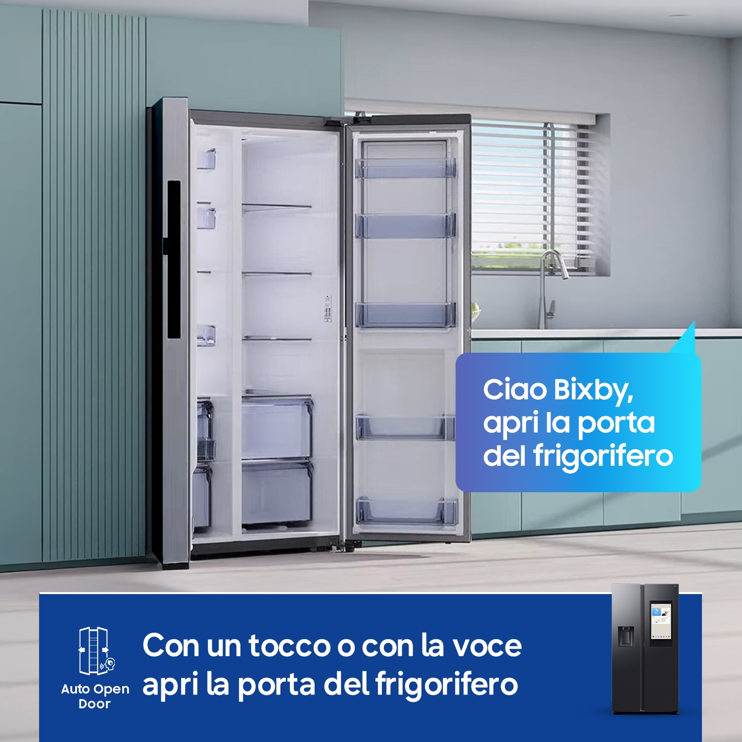 Un frigorifero moderno con le porte aperte, accanto un riquadro di testo.